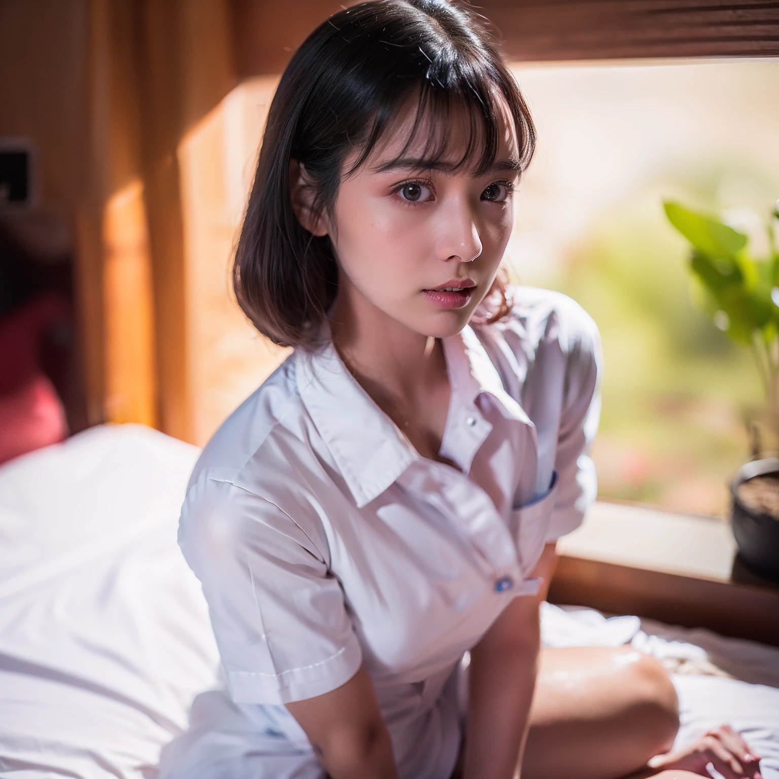 (8K、Raw photography、top-quality、​masterpiece:1.2)、(realisitic、Photorealsitic:1.37)、top-quality、超A high resolution、light  leaks、Dynamic lighting、Slim and smooth skin、White nurse uniform、 White Nurse (caps) 、White shirt、hospitals、cparted lips、s lips