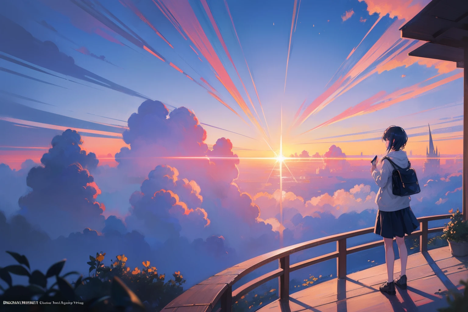 Create an exquisite illustration reminiscent of Makoto Shinkai's style, characterized by its superfine detail and top-tier quality. Your task is to skillfully capture the entrancing essence of a nostalgic scene where the horizon seamlessly melds with a vast expanse of clouds during sunset. Infuse the artwork with a warm and enchanting atmosphere, painting the sky in hues of golden radiance that illuminate the entire scene. Your goal is to evoke the feeling that the world is cocooned in an eternal brilliance, transcending the boundaries of time. Transport your viewers to a realm where reality harmonizes with fantasy, as if they are gazing upon a landscape born from dreams that stirs the deepest emotions. This artwork should bring serene beauty to life, depicting an evening suspended over an endless sea of clouds.