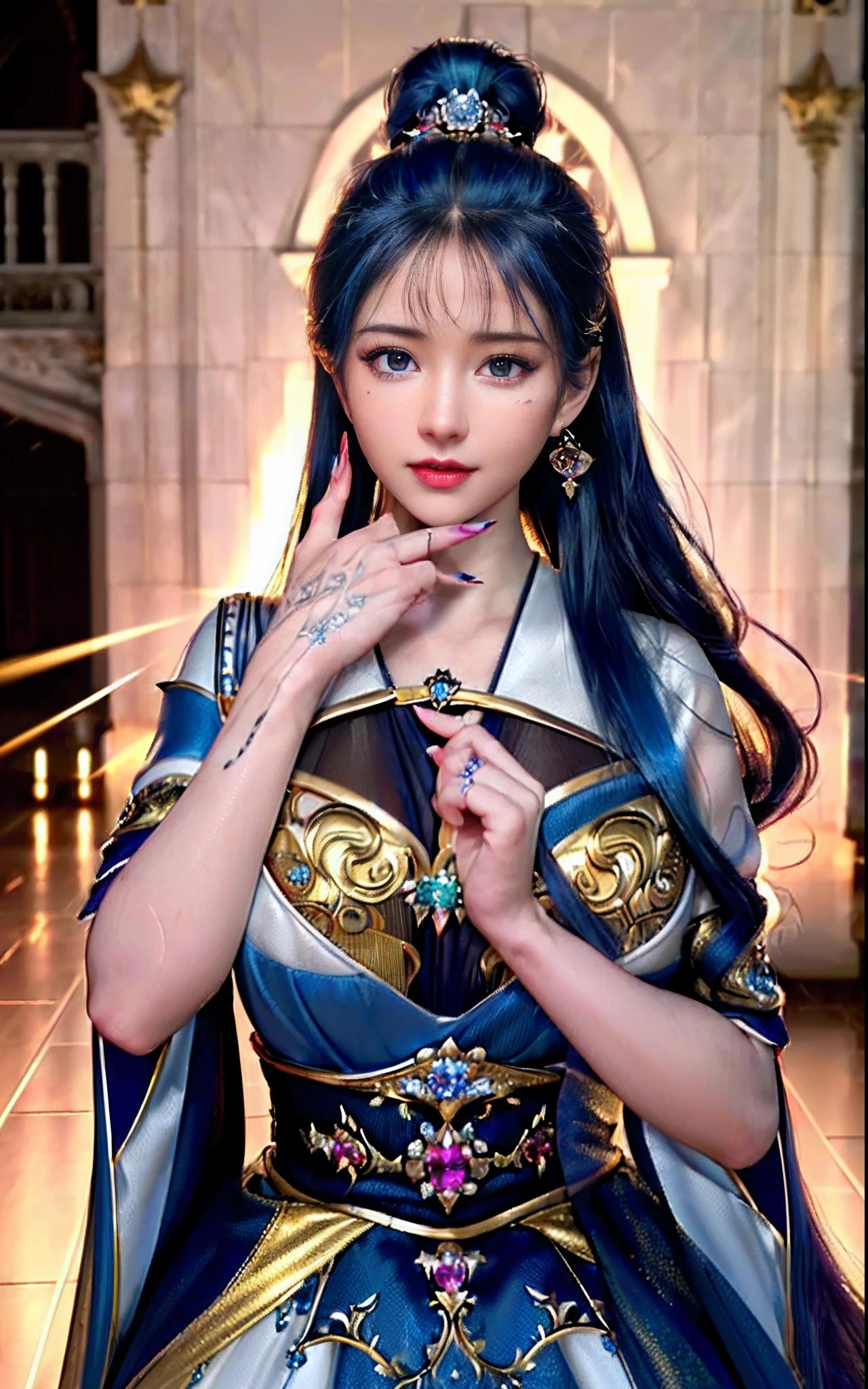 ((realisticity: 1.2)), ((realistic: 8K UHD)), ((best resolution: 8K UHD)), hyper detailed, best quality,masterpiece,highres,cg, ((1 girl hyper detailed and hyper realistic) ) , ((beautiful queen, hyper realistic and hyper detailed)),((white skin, beautiful, smooth, youthful, hyper realistic and hyper detailed )), ((Face hyper beautiful, white, hyper realistic and hyper detailed ) ), long hair, ((hyper realistic and hyper detailed dress)), solo, ((hyper realistic, hyper beautiful, beautiful and hyper detailed jewelry)), ((hyper beautiful deep red and golden yellow dress, hyper realistic and hyper detailed )) , ((Her pretty, hyper realistic, hyper detailed diamond filled earrings)), ((Her gorgeous diamond haircut, hyper realistic and hyper detailed)), ((hyper pretty upper body, hyper beautiful, hyper realistic and hyper detailed) ), ((medium breast: 1.1)), ((hyper realistic, hyper pretty, hyper detailed boobs)), ((the backgroun of the royal palace is hyper majestic, hyper realistic and hyper detailed)),((hands and palms hyper beautiful, hyper detailed, hyper realistic)), ((hyper detailed and hyper realistic fingers and fingernails)), ((hyper pretty fingernails, hyper vivid, hyper detailed, hyper realistic)), ((thumb, index finger, middle finger, ring finger, little finger hyper vivid, hyper pretty, hyper detailed, hyper realistic)), ((hyper beautiful fingers, hyper detailed, and hyper realistic)), ((posture not too fat and not too thin, hyper realistic, hyper detail)), ((hyper pretty, hyper pretty, hyper realistic and hyper detailed hair bun)), ((hyper pretty , hyper realistic and hyper detailed blue hair)), candid, Photo, high resolution, 8k , bokeh,