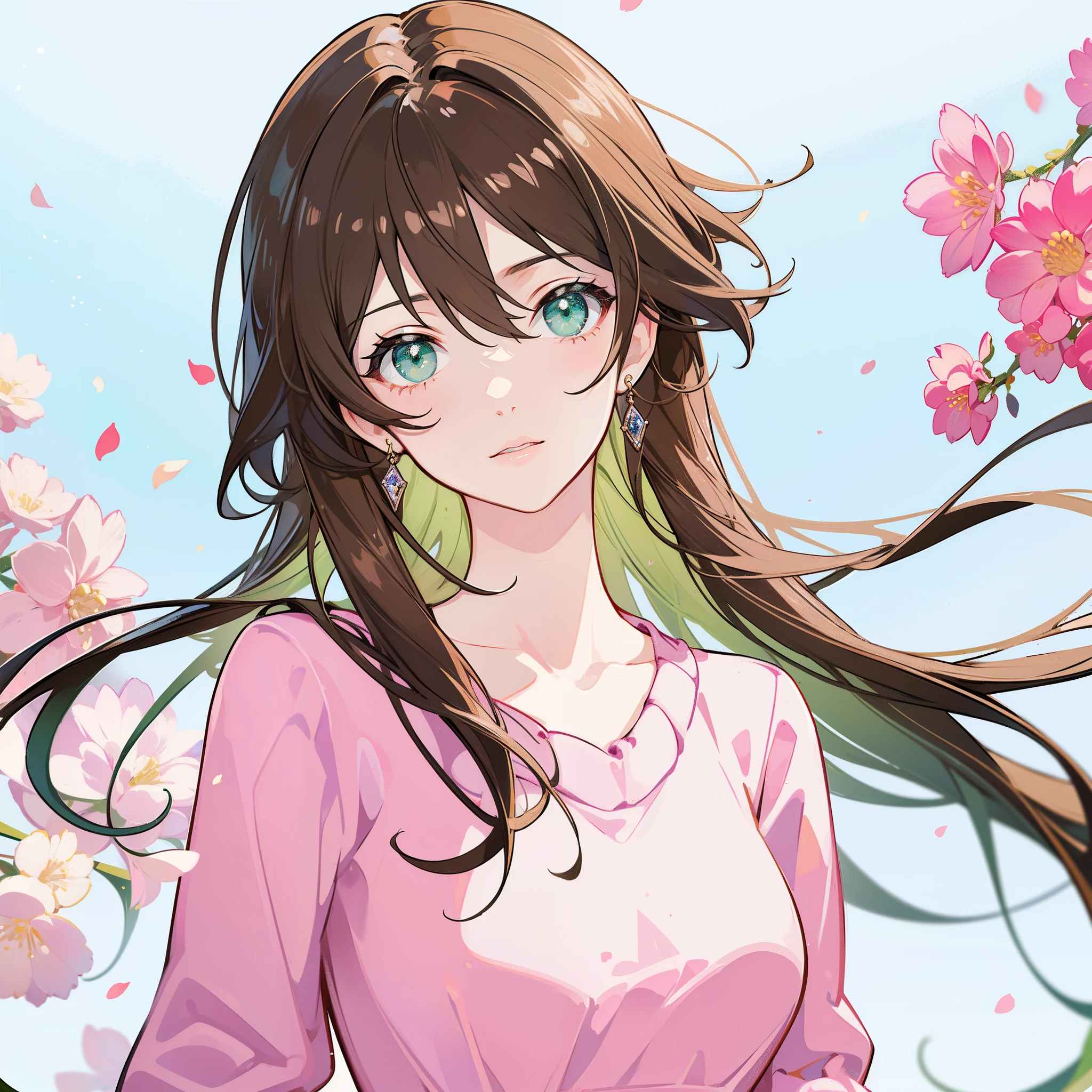 ((4k, masterpiece, best quality)), close up, brown hair, 1woman, beauty, anime, wearing pink casual clothes, sweater, green eyes, symmetry, detailed face