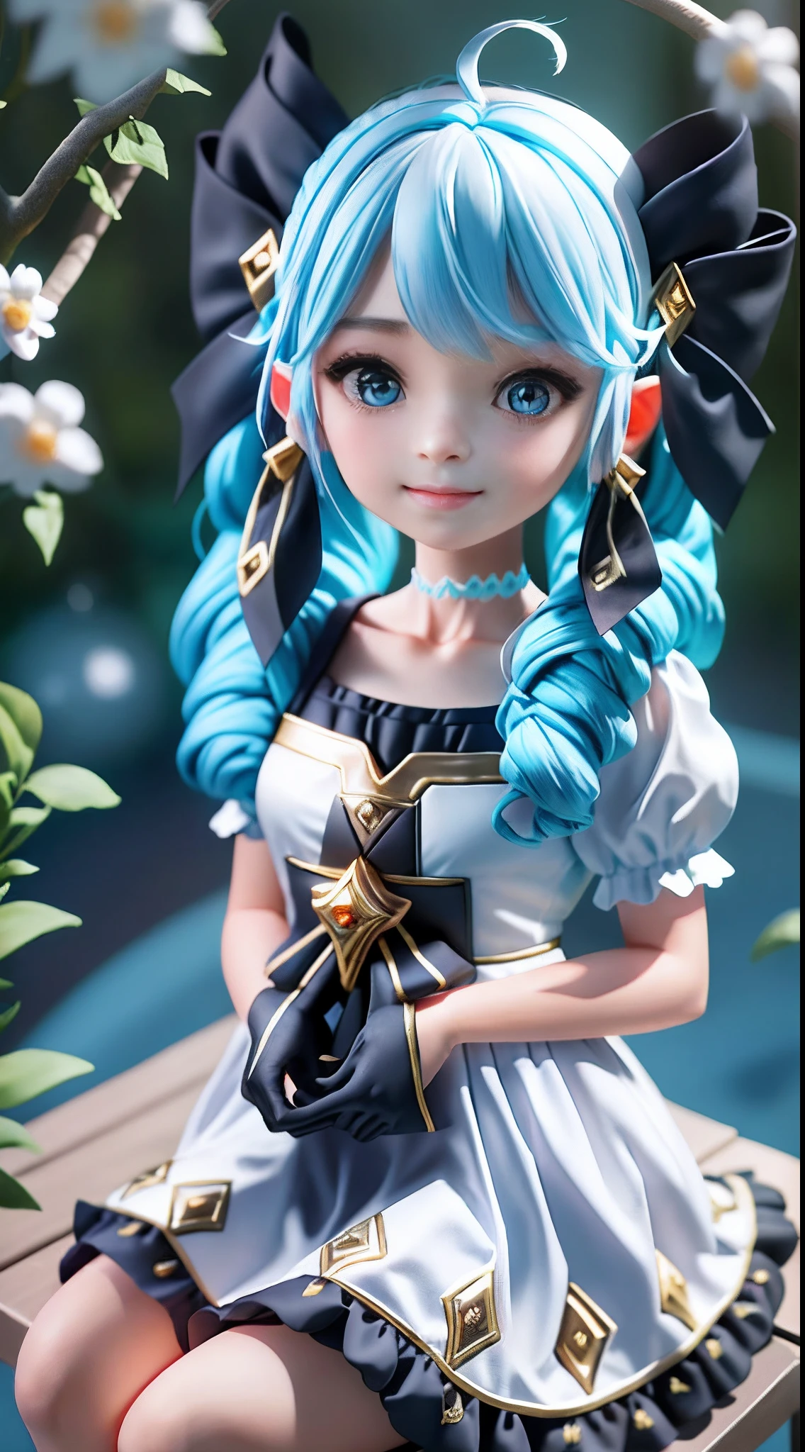 1girll, Black bow, Black gloves, black sock, Blue eyes, Blue hair, clarkbone,Spiral braids， dress, Drill hair, frill dress, frilld, mitts, Gwen\(league of legend), hair adornments，A high resolution，League legendary，long whitr hair，Split lips，Puff sleeves，Pink pupils，Smiled，独奏，White dress，X，10th Hair Accessories，Sitting down，Sit，inside in room，seminude，Delicate hair，Arm carving，Blue hair，blossoms，Delicate shoes，Depiction of facial features，Delicate facial features，Eye portrayal，Delicate hair，Popmart blind box，Clay texture，the golden ratio，Black and white background，natural  lightting，Best quality at best，hyper-detailing，3D art，C4D, OC renderer, a 3D render, 8K，Various actions，Blushlush，Q version，（Big head doll:2），gnome，Round toot