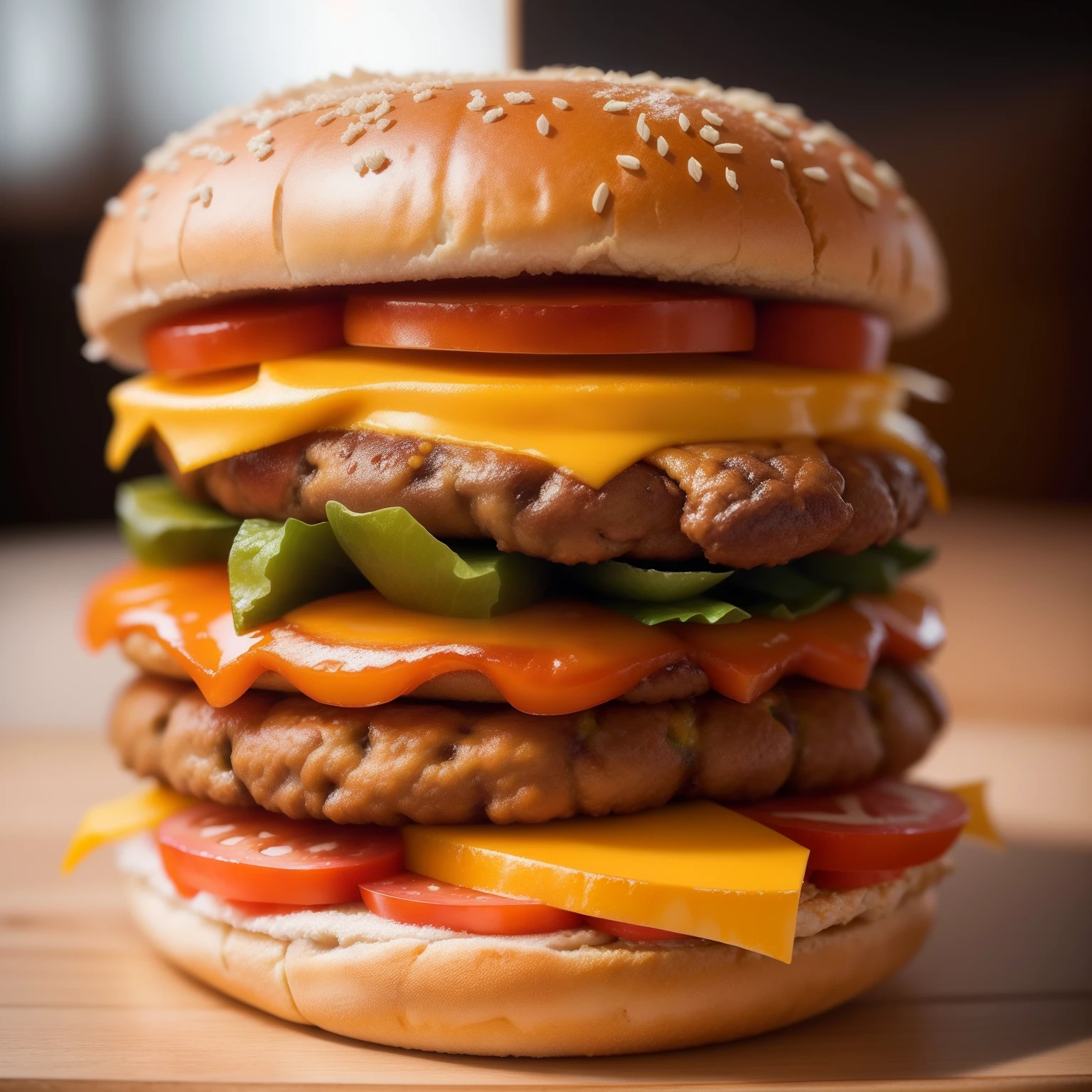 Una hamburguesa 🍔 con queeso chedar triple carne, high detail, UHD, textured skin, super detail, high details, high quality, award winning, best quality, highres, 1080P, HD, 4K, highres, 16k