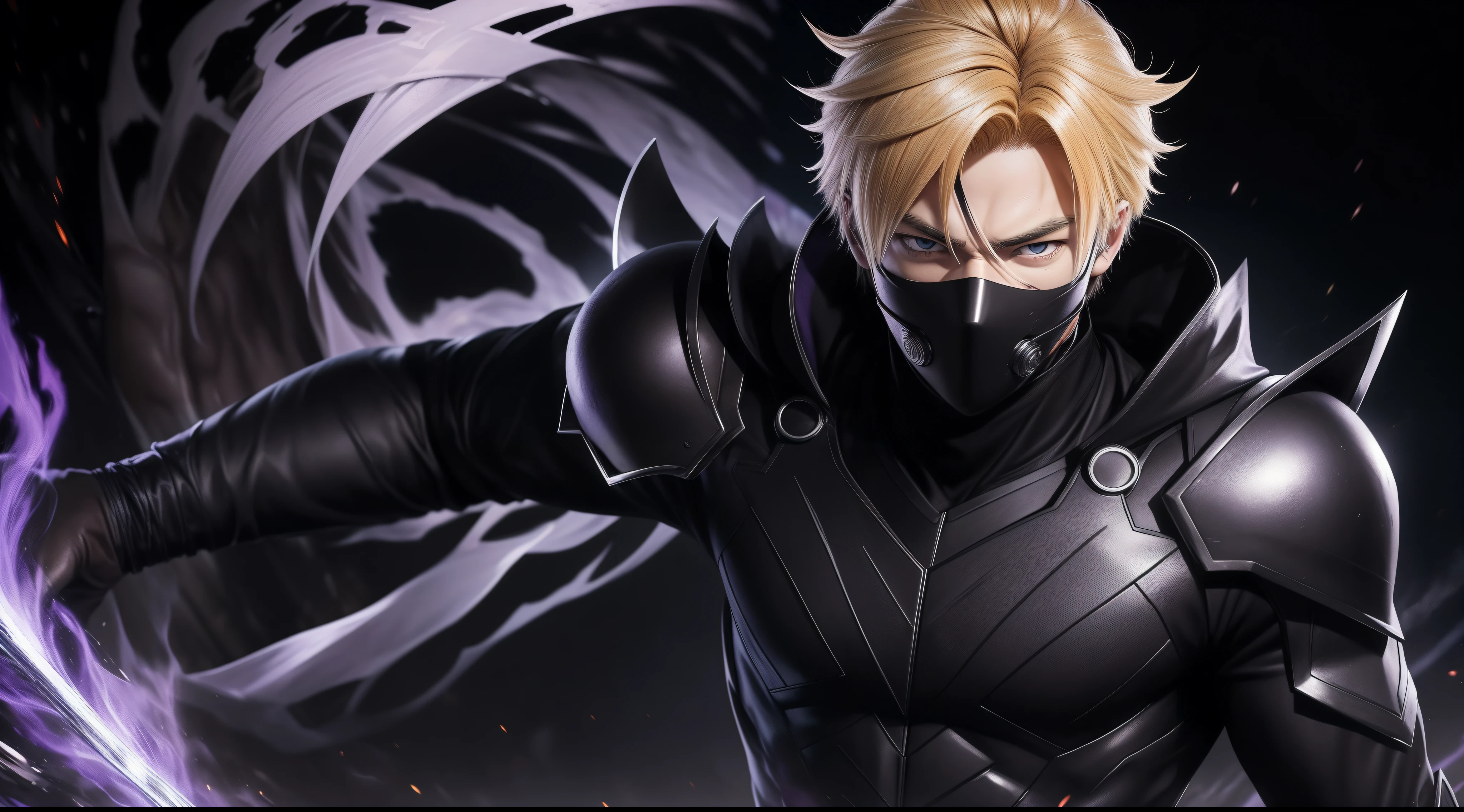 The most perfect work of art, the most detailed, the highest resolution, everything clear :Blonde hair Kurosaki Ichigo upper body, perfect body 20 years old handsome face, one side of the face wearing a mask, cold, fiery eyes, central, shadow overseer, full-body black outfit reflecting hellfire and purple-black lightning.