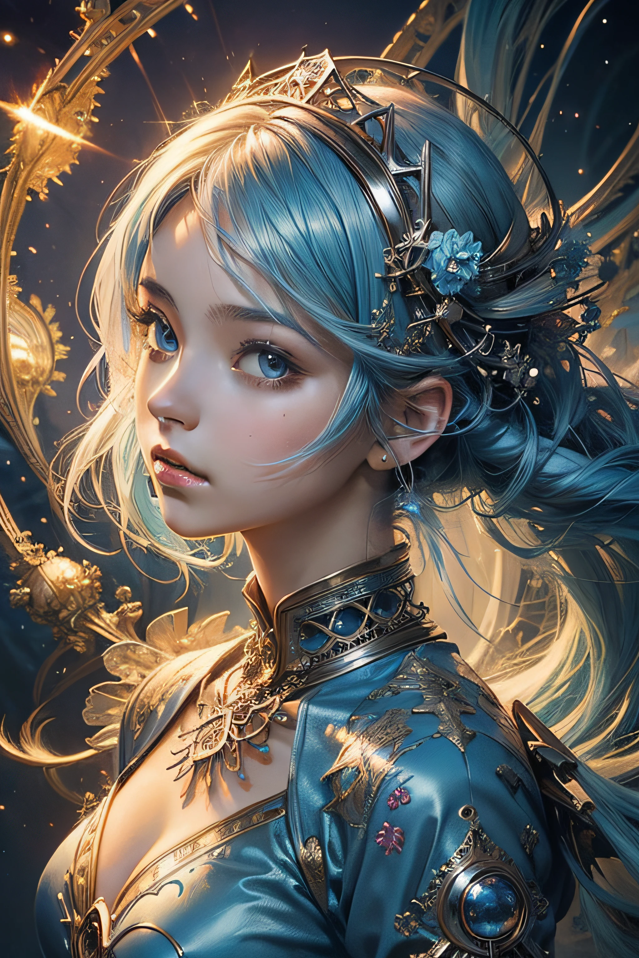 (masterpiece, top quality, best quality, official art, beautiful and aesthetic:1.2), (1girl), extreme detailed,colorful,highest detailed,cute, light blue hair, crown,(fractal art:1.3),