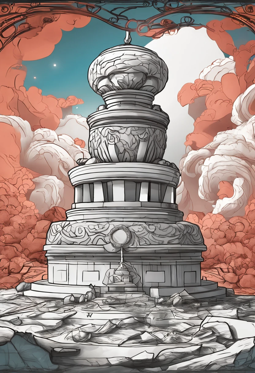 Draw a scene around the monument with yin and yang as the main theme, sculpture
