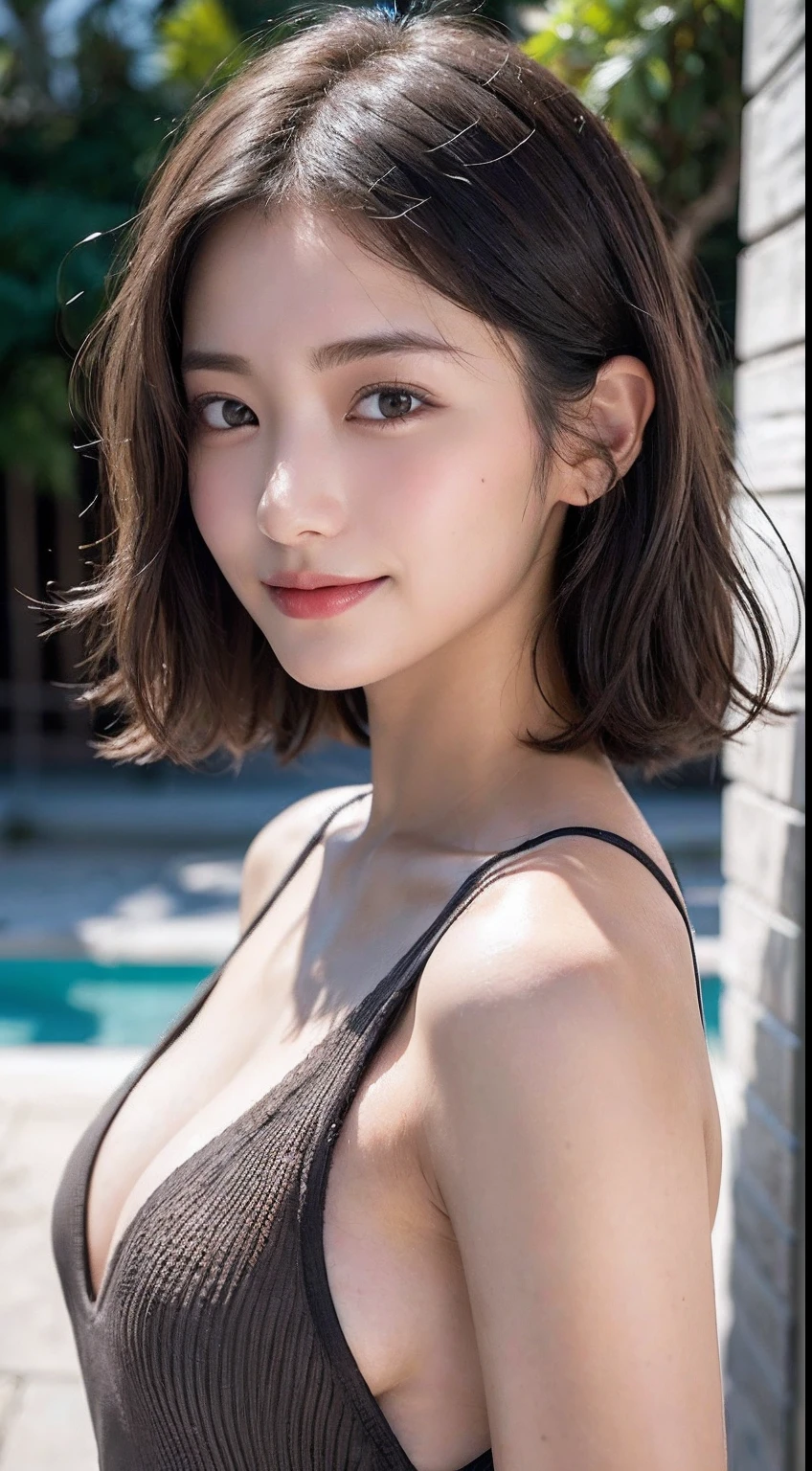(8K, RAW photo, Best quality, Masterpiece: 1.45), (Realistic, Photorealistic: 1.37), One girl, Cute, Smiling, happy, embarrassing pose: 1.2, Beach, Daytime, Professional lighting, Photon mapping, Radiosity, Physically Based Rendering, Masterpiece, Masterpiece, Rich Detail, (Fine Features), (Best Quality Photo), (Masterpiece), (Fine Eye) , Top quality photo, high resolution, 1080p, (clear face), (detailed face description), (detailed hand description), (masterpiece), realistic, extreme light and shadow, gradient black hair, gray hair, short curly hair, handsome, girl, cowboy shot: 1.2, double, small breasts, disheveled hair, look in front of you, fine collarbone,deep v neckline slip dress, sideboob, public indecency、(Increased Skin Texture Beauty: 1.1),Immediately after getting out of the pool,sideboob:1.2、(Camel Toes,mecosuji,pubic hair:1.1),