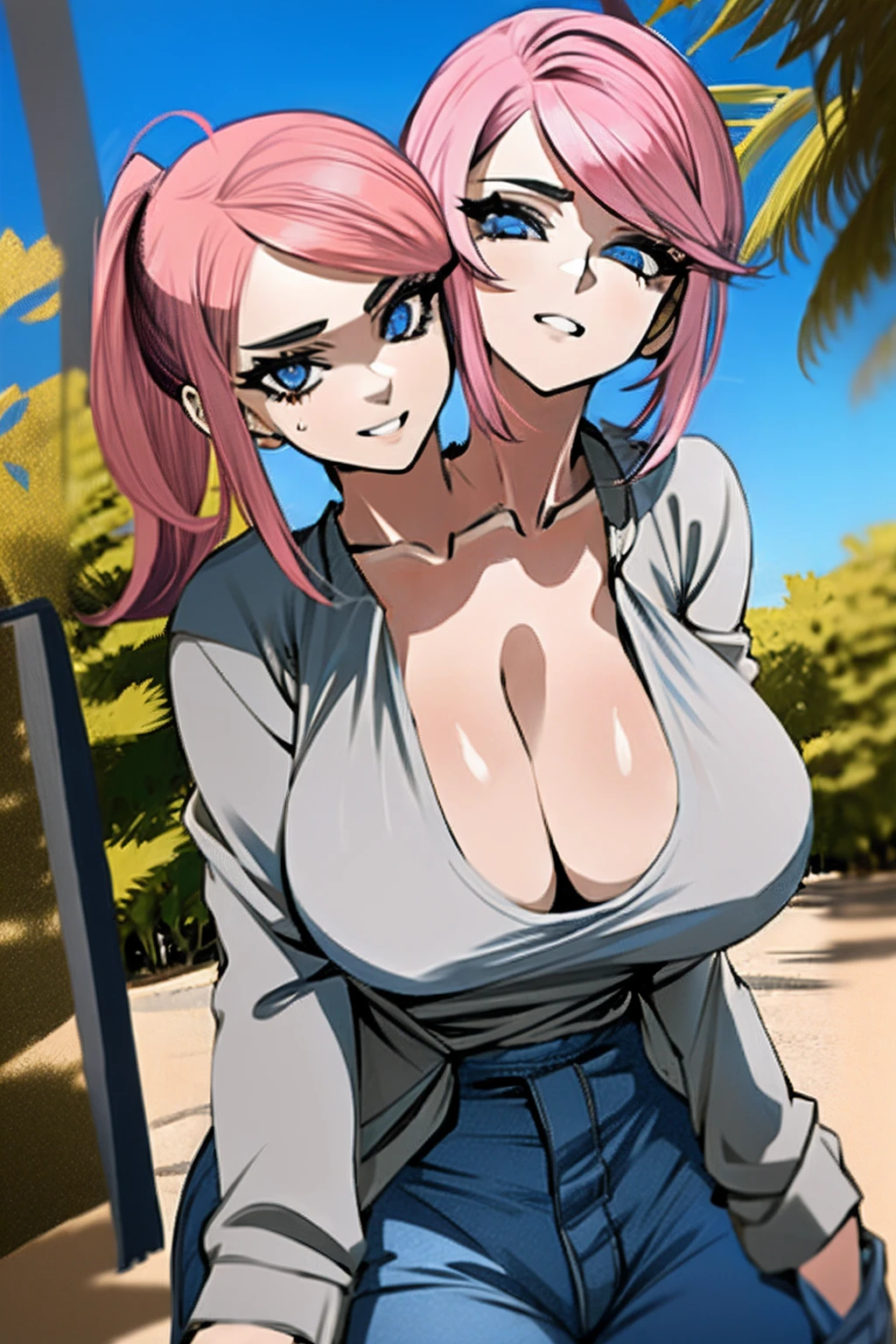 2heads, a short fat woman with 2 heads. She has enormous breasts. She is wearing a baggy hoodie and jeans. She looks young. She has massive perky breasts. She has pink hair in a short ponytail. She is extremely short. She is chubby. She is outside in a park on a sunny day. Her breasts are extremely oversized. Deep cleavage. She looks playful. She looks aroused. She has mature breasts.