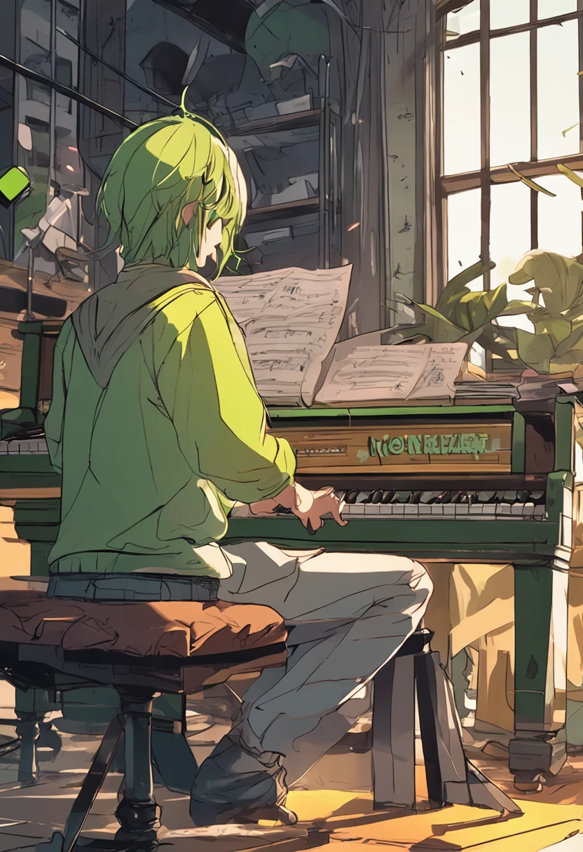 a drawing, style of anime, There are green and yellow, With musicians playing piano