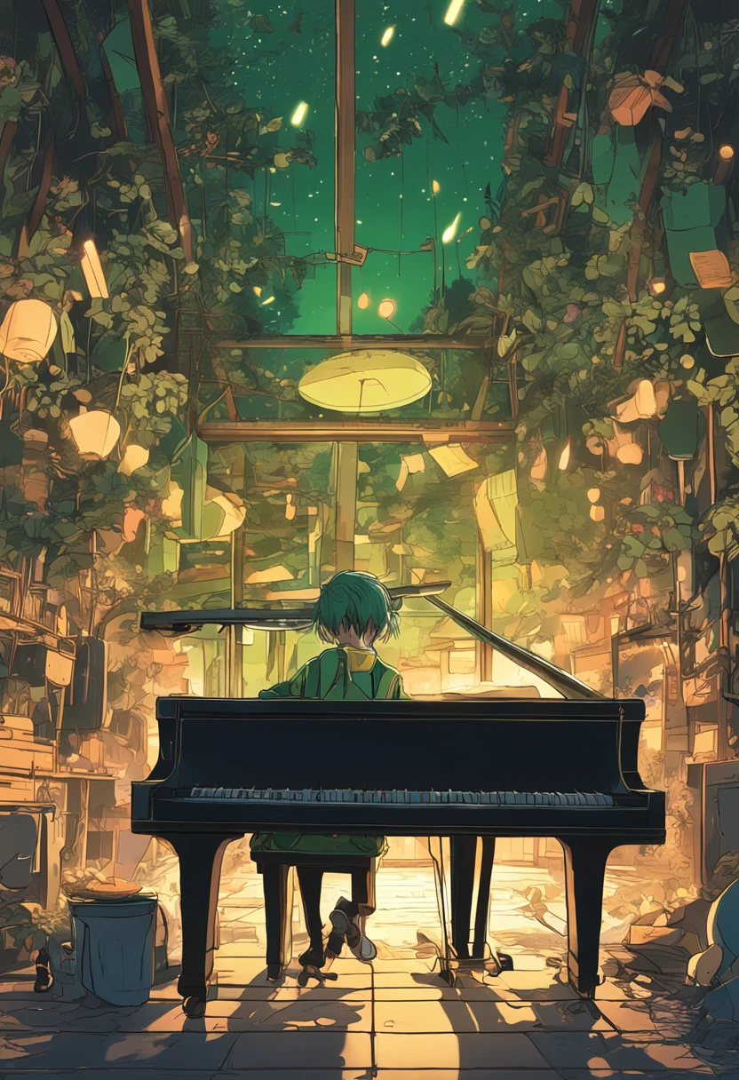 a drawing, style of anime, There are green and yellow, With musicians playing piano