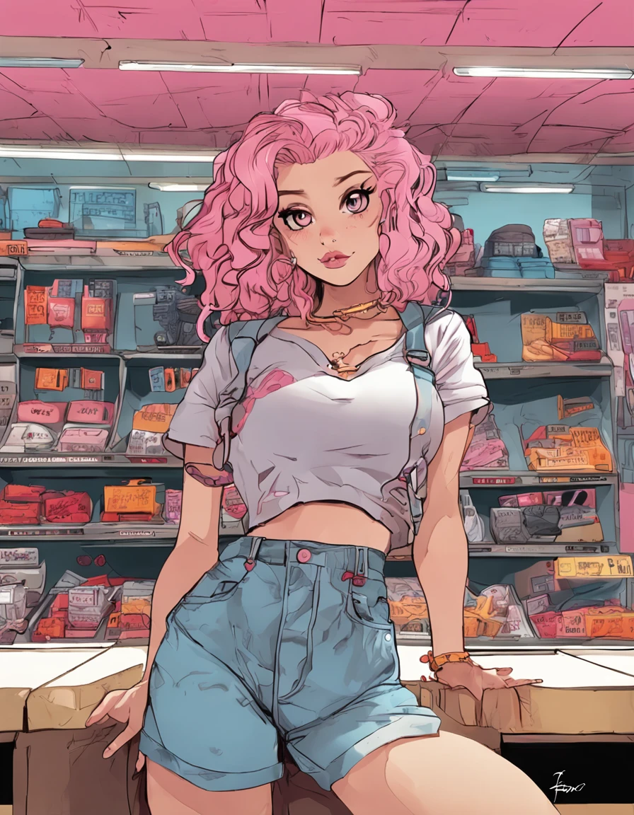 anime big breast、Classic American flavor、Girl vs、A pink-haired、The hair is wavy、tee shirt、Denim fabric skirt、独奏、