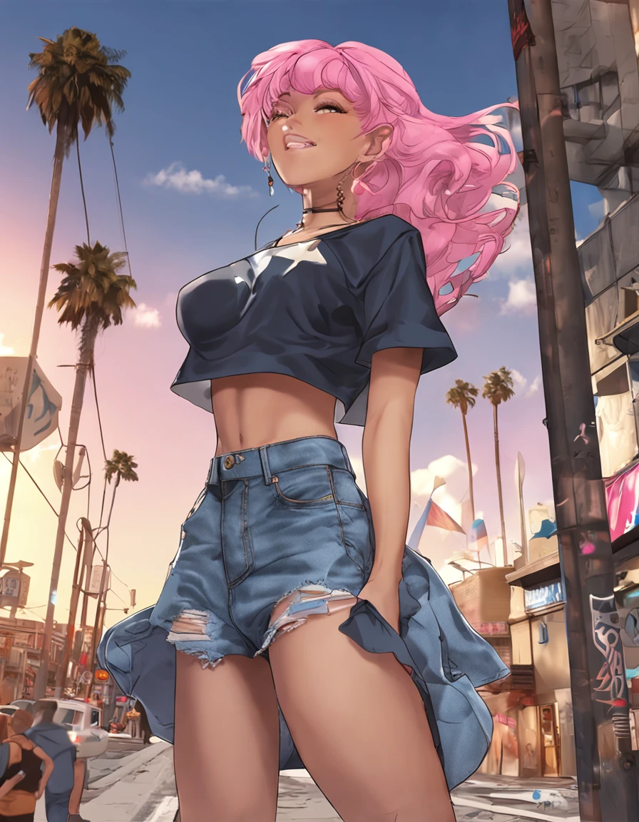 anime big breast、Classic American flavor、Girl vs、A pink-haired、The hair is wavy、tee shirt、Denim fabric skirt、独奏、
