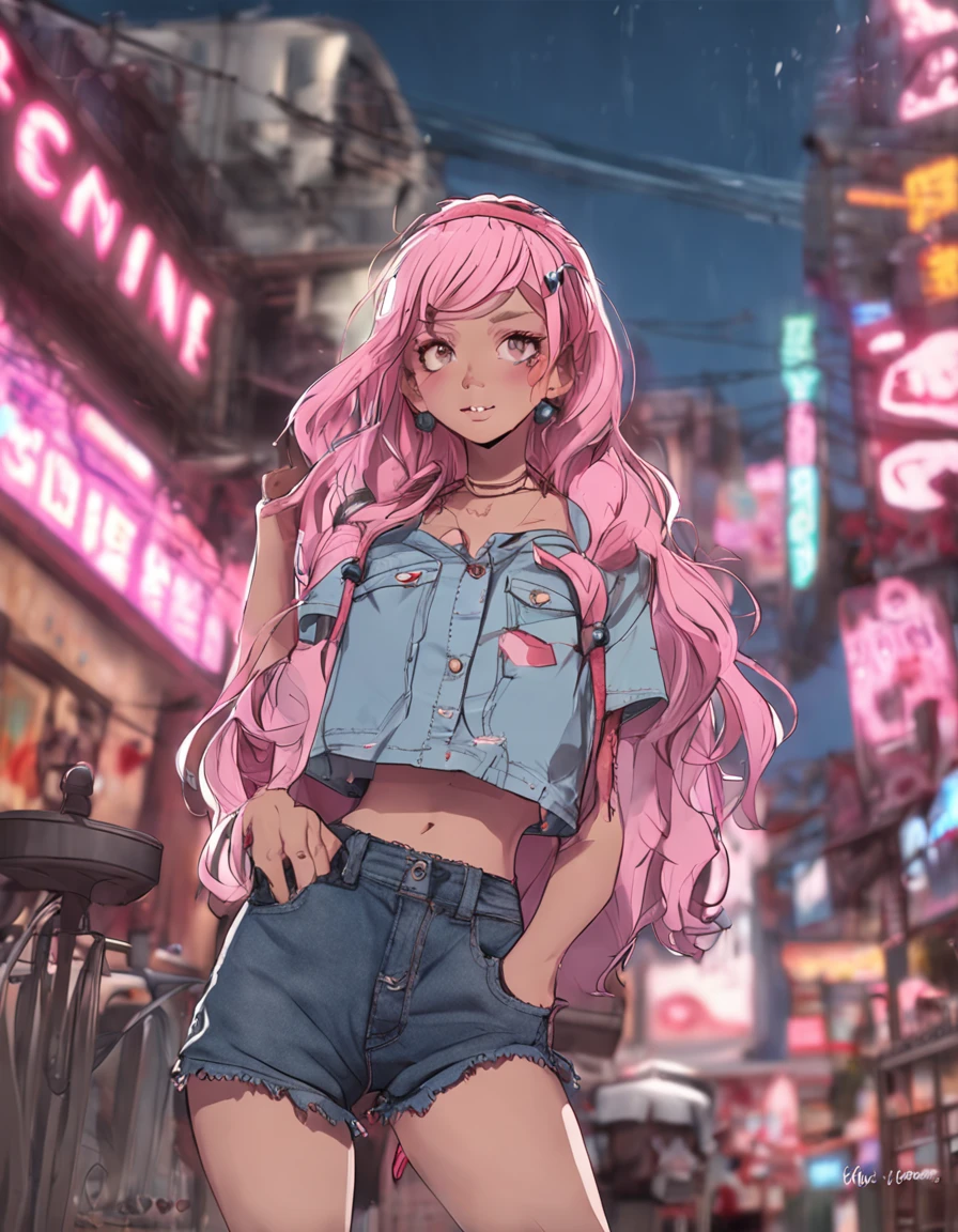 anime big breast、Classic American flavor、Girl vs、A pink-haired、The hair is wavy、tee shirt、Denim fabric skirt、独奏、