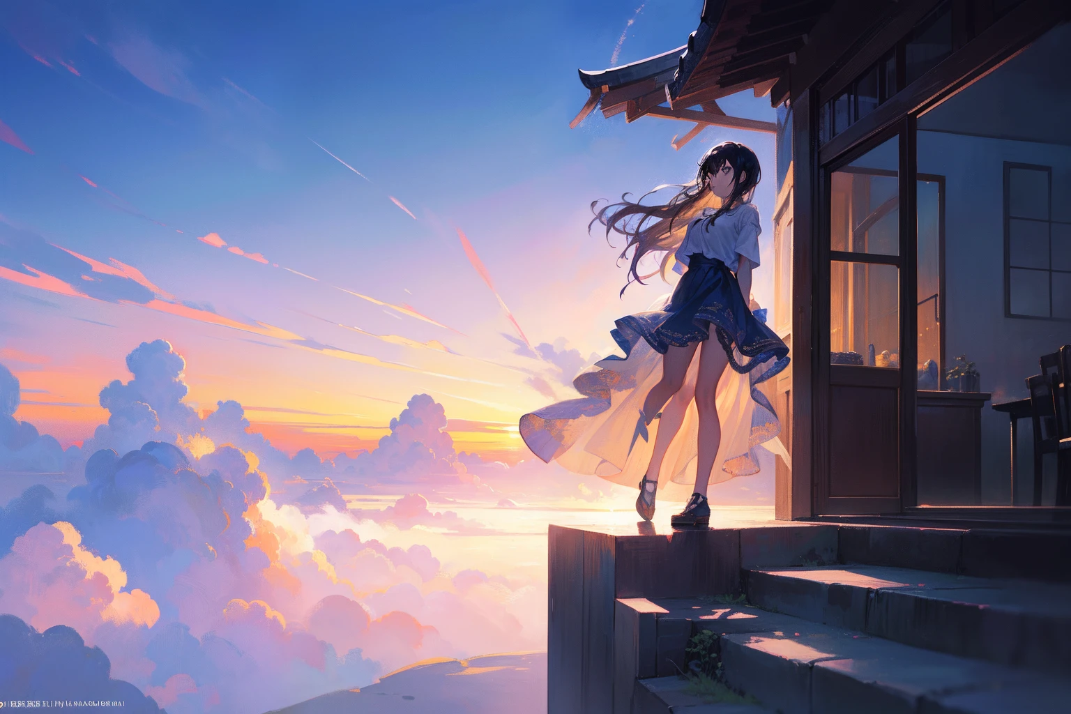 in the style of makoto shinkai, superfine illustration, Best Quality, Create an exquisite illustration reminiscent of Makoto Shinkai's style, characterized by its superfine detail and top-tier quality. Your task is to skillfully capture the entrancing essence of a nostalgic scene where the horizon seamlessly melds with a vast expanse of clouds during sunset. Infuse the artwork with a warm and enchanting atmosphere, painting the sky in hues of golden radiance that illuminate the entire scene. Your goal is to evoke the feeling that the world is cocooned in an eternal brilliance, transcending the boundaries of time. Transport your viewers to a realm where reality harmonizes with fantasy, as if they are gazing upon a landscape born from dreams that stirs the deepest emotions. This artwork should bring serene beauty to life, depicting an evening suspended over an endless sea of clouds.