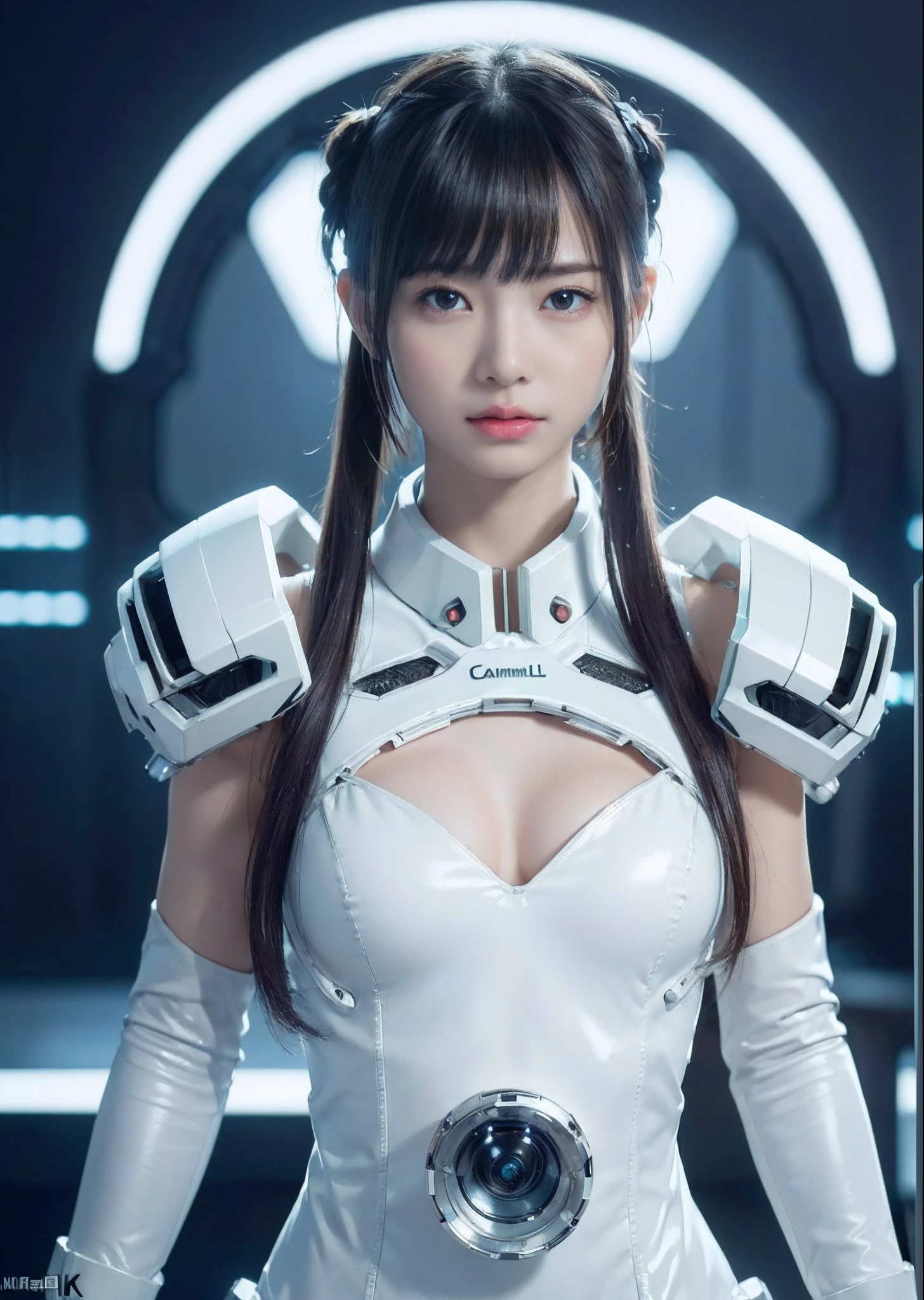 NSFW,((top-quality、in 8K、​masterpiece:1.3))Wearing a silvery-white mech，Girl with a delicate face，The highest image quality，ultraclear，Facial features are delicate and clear，Armageddon，machine arms，exquisitedetails，(cammel toe)、Mechanical pattern,cyberpunked、Cyber City、digital、century、tron、()