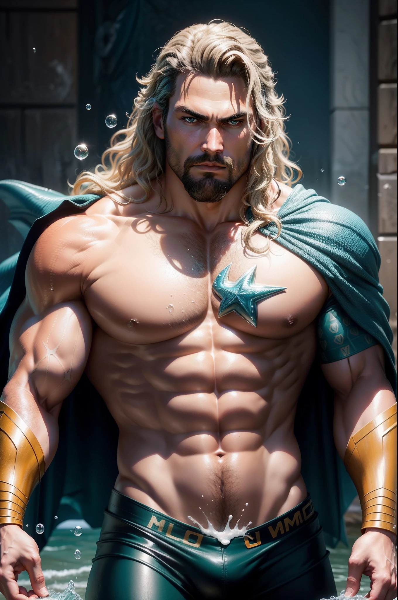 Create for me the superhero aquaman with actor jason mamoa, with all his uniform complete with all the details. making many water bubbles around him and a dolphin next to him, all very realistic