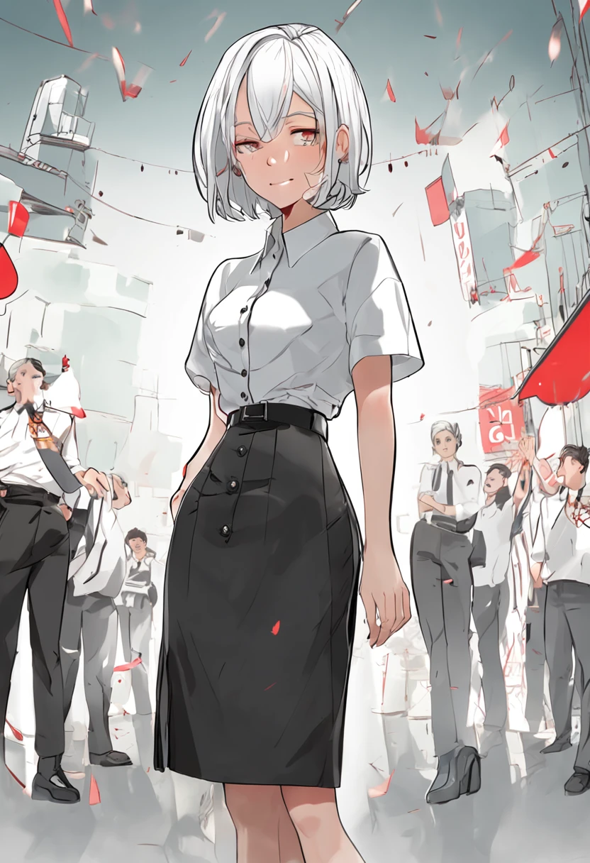 ((masterpiece, best quality)), (1girl), (solo), (female focus), (ahoge, white hair, short hair), black eyes, ((white shirt), (buttoned shirt)), ((black skirt), (short skirt)), standing, white background, behind arms,