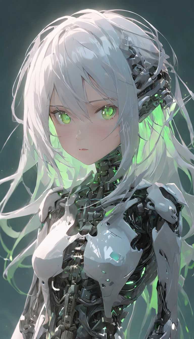 android woman,Translucent plastic body,With robot skeleton,Carbon texture,Plastic surface,Serenity glowing eyes,Asymmetrical spike hairs,White hair,Green eyes,by WLOP,Realistic,8K,hdr,Stable diffusion XL,Radical art style,Cute girl