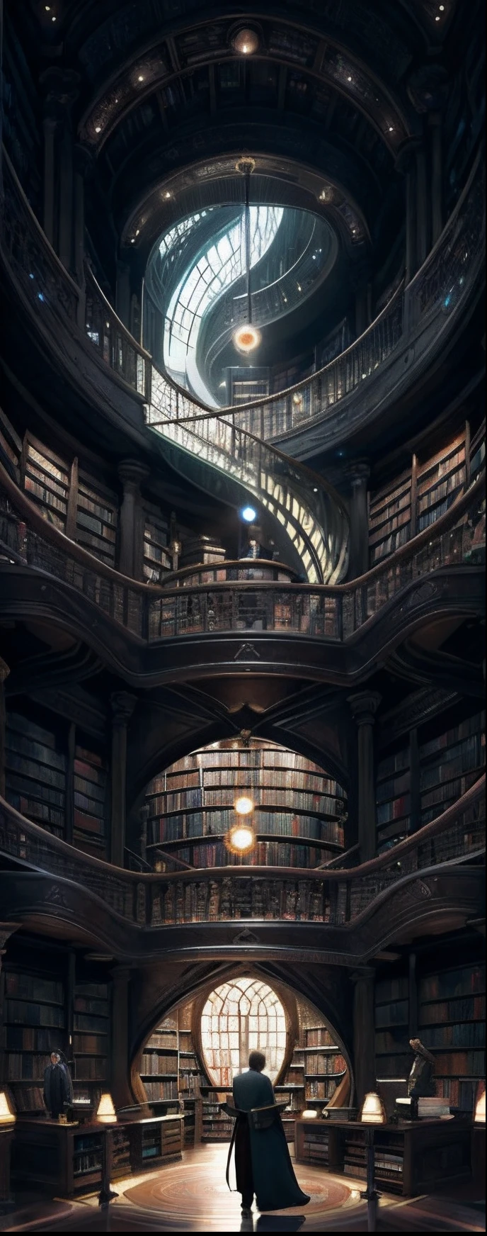 arafed image of a man standing in a library with books, endless books, borne space library artwork, books cave, fantasy book illustration, spiral shelves full of books, infinite celestial library, an eternal library, gothic epic library concept, magic library, japanese sci - fi books art, beeple and jean giraud, books all over the place