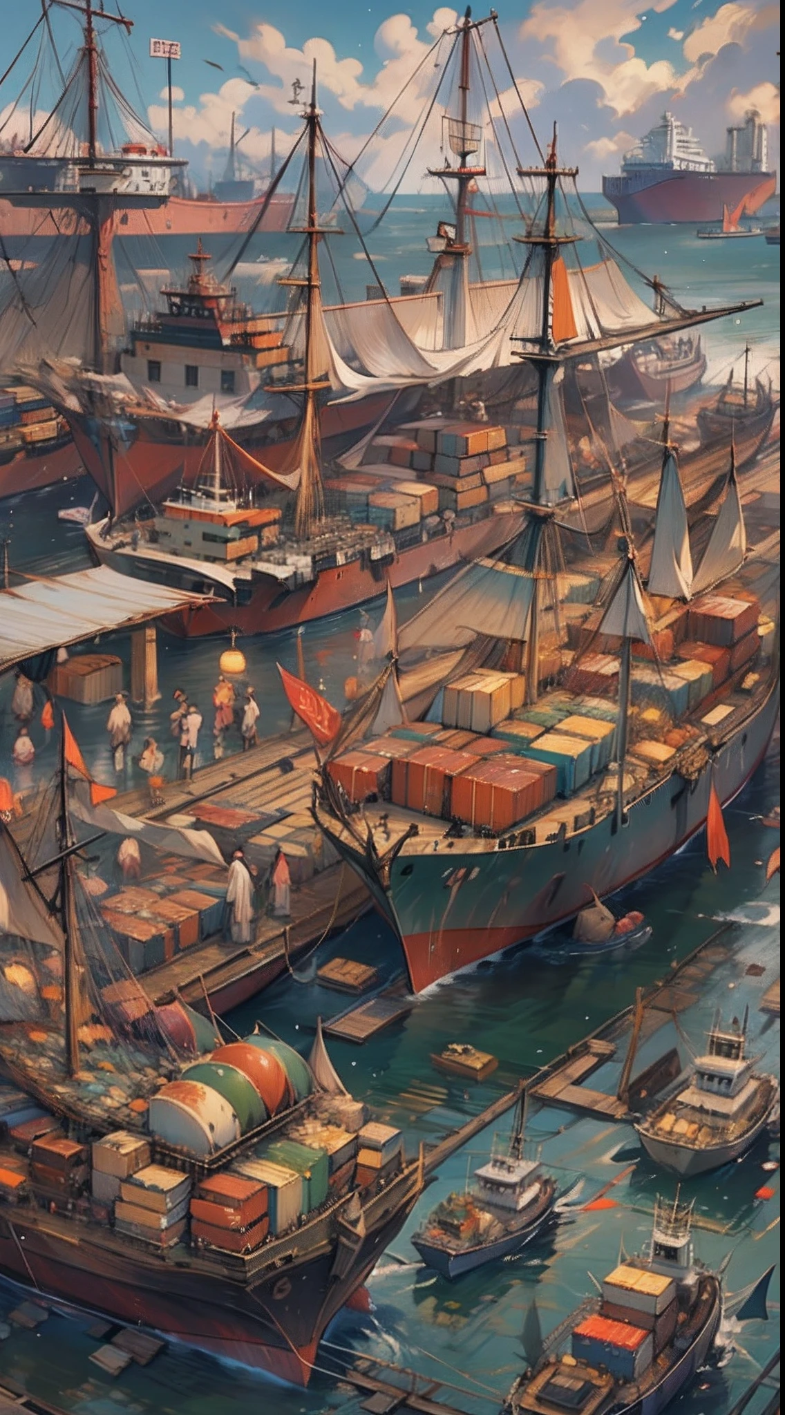 A busy dock, ocean freighters docked at the shore, people with nets rushing onto the ships, grabbing various precious seafood products from the ship, price tags on the dock displaying exorbitant numbers, people competing to buy, ,in the style of the stars art group xing xing, 32k, best quality, masterpiece, super detail, high details