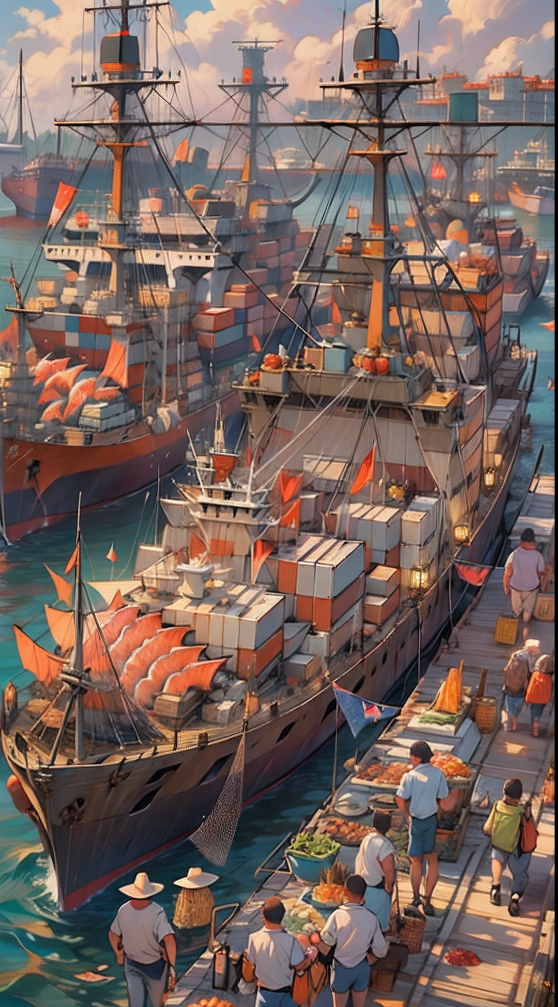 A busy dock, ocean freighters docked at the shore, people with nets rushing onto the ships, grabbing various precious seafood products from the ship, price tags on the dock displaying exorbitant numbers, people competing to buy, ,in the style of the stars art group xing xing, 32k, best quality, masterpiece, super detail, high details