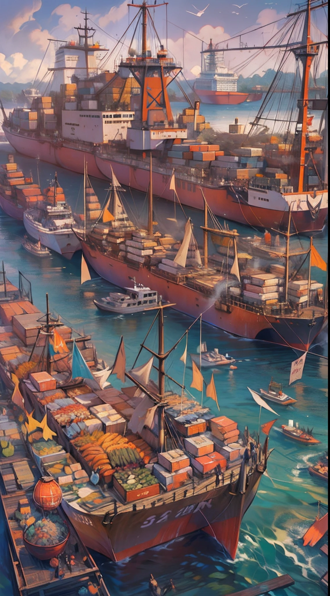 A busy dock, ocean freighters docked at the shore, people with nets rushing onto the ships, grabbing various precious seafood products from the ship, price tags on the dock displaying exorbitant numbers, people competing to buy, ,in the style of the stars art group xing xing, 32k, best quality, masterpiece, super detail, high details