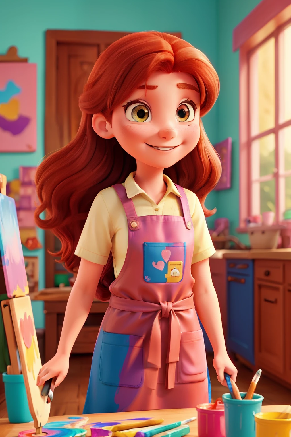 vibrant colors, a cartoon young woman smiling with long dark ginger hair, brown eyes, painter, wearing a pink paint-stained apron, colorful, holding a paint brush, disney style