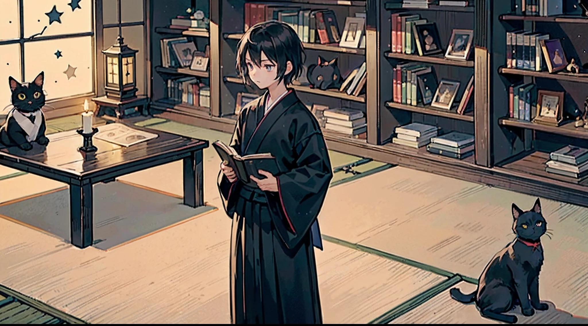 #night sky (darkness of night,no light,stars),
#a writing boy (16 male、Honor Students、A dark-haired、short-hair、hakama,sit flat),
#black room at night (no light,black cat,wooden low table,one candle,pretty tatami,a lot of books,bookshelf)