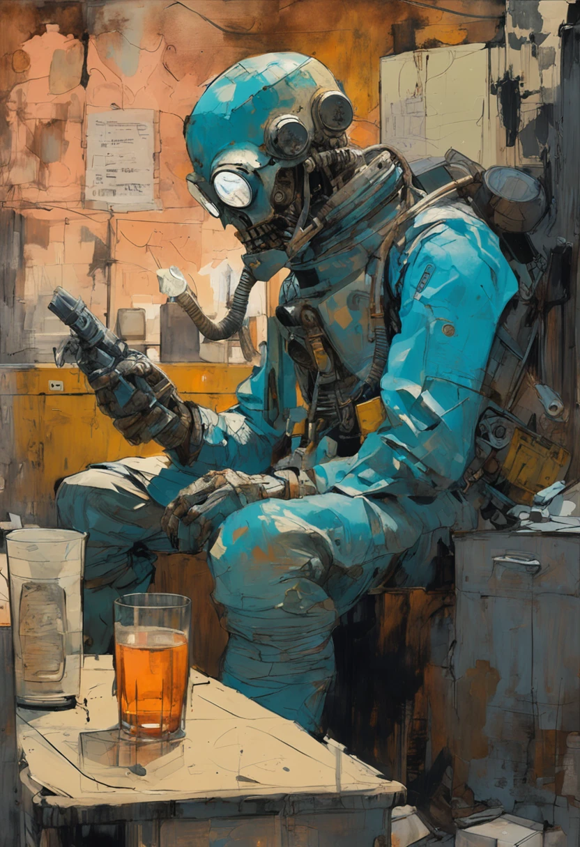 Ashley Wood(Ashley Wood)Realistic paintings created in Van Gogh's unique style,Depicted ((Blue rusty cyborg drinking whiskey in a post-apocalyptic bar)),