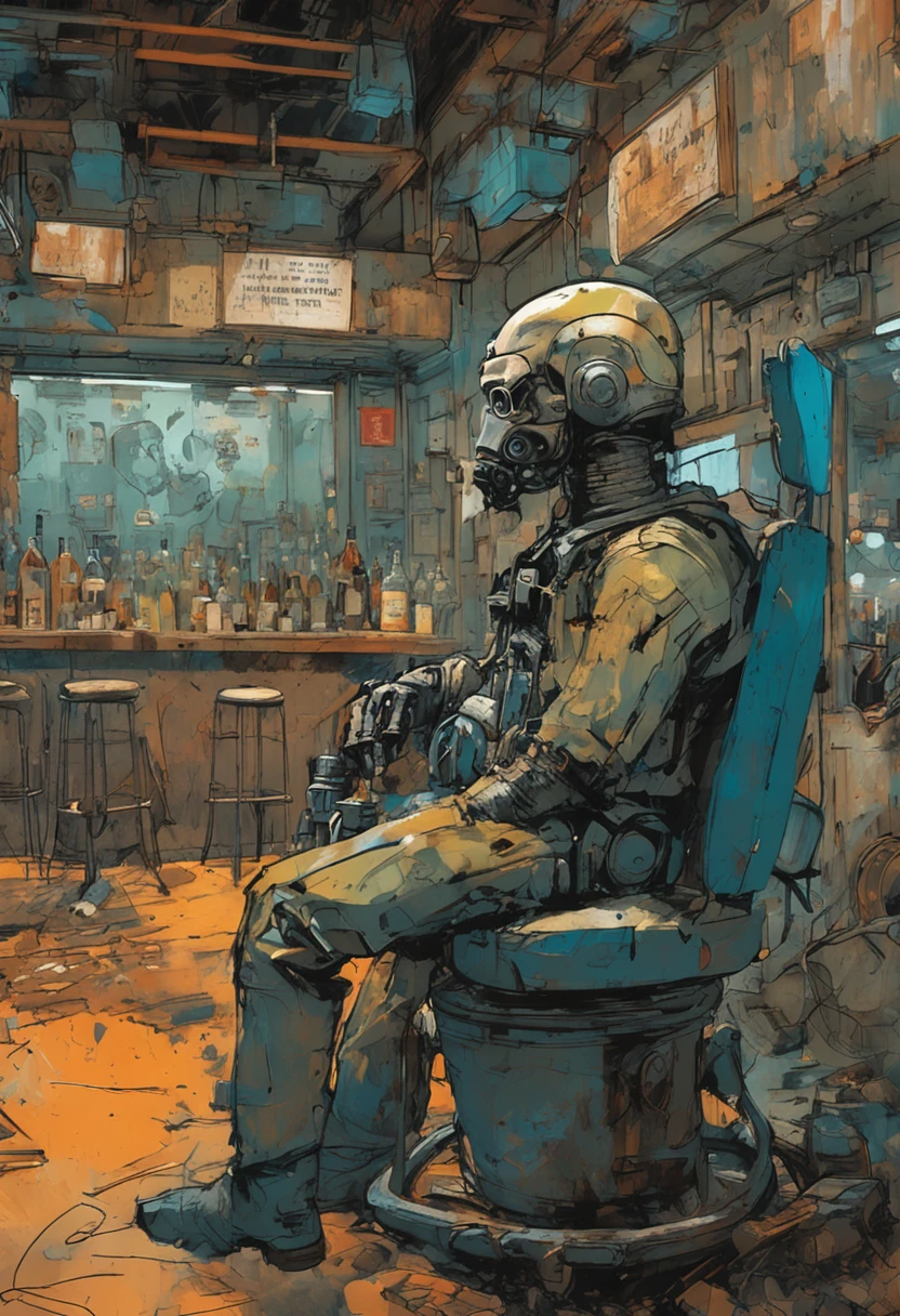 Ashley Wood(Ashley Wood)Realistic paintings created in Van Gogh's unique style,Depicted ((Blue rusty cyborg drinking whiskey in a post-apocalyptic bar)),