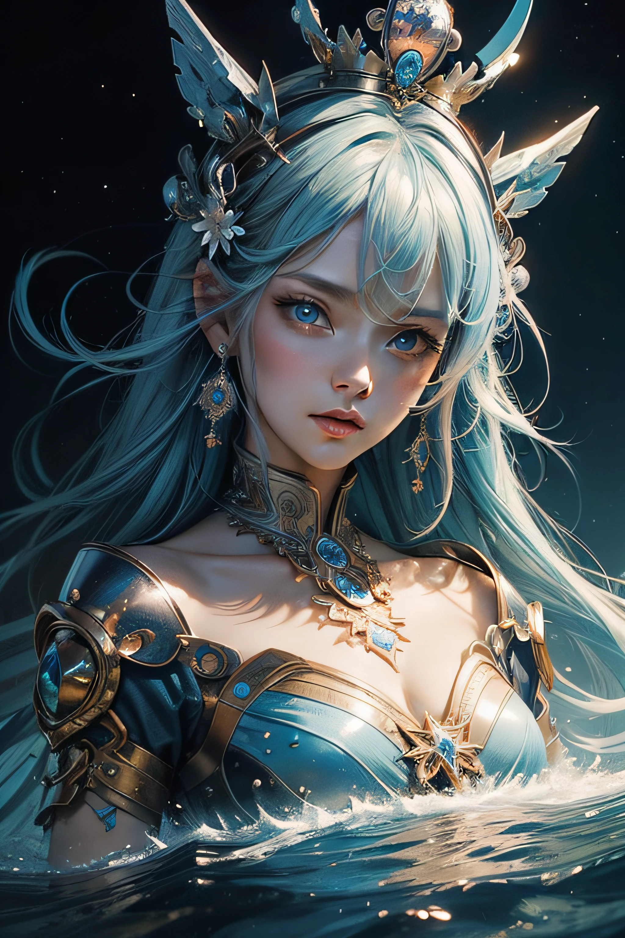 ((high quality, masterpiece:1.4)), 1girl, ((blue hair, blue eyes, fantasy, beautiful face, perfect proportions, upper body)), ((noon, sky background:1.2, majestic clouds)), best lighting, absurdres, high details, intricate, intricate details, sharp focus, screen space reflextions, RTX, edge lighting, rim light, rimlighting, best lighting