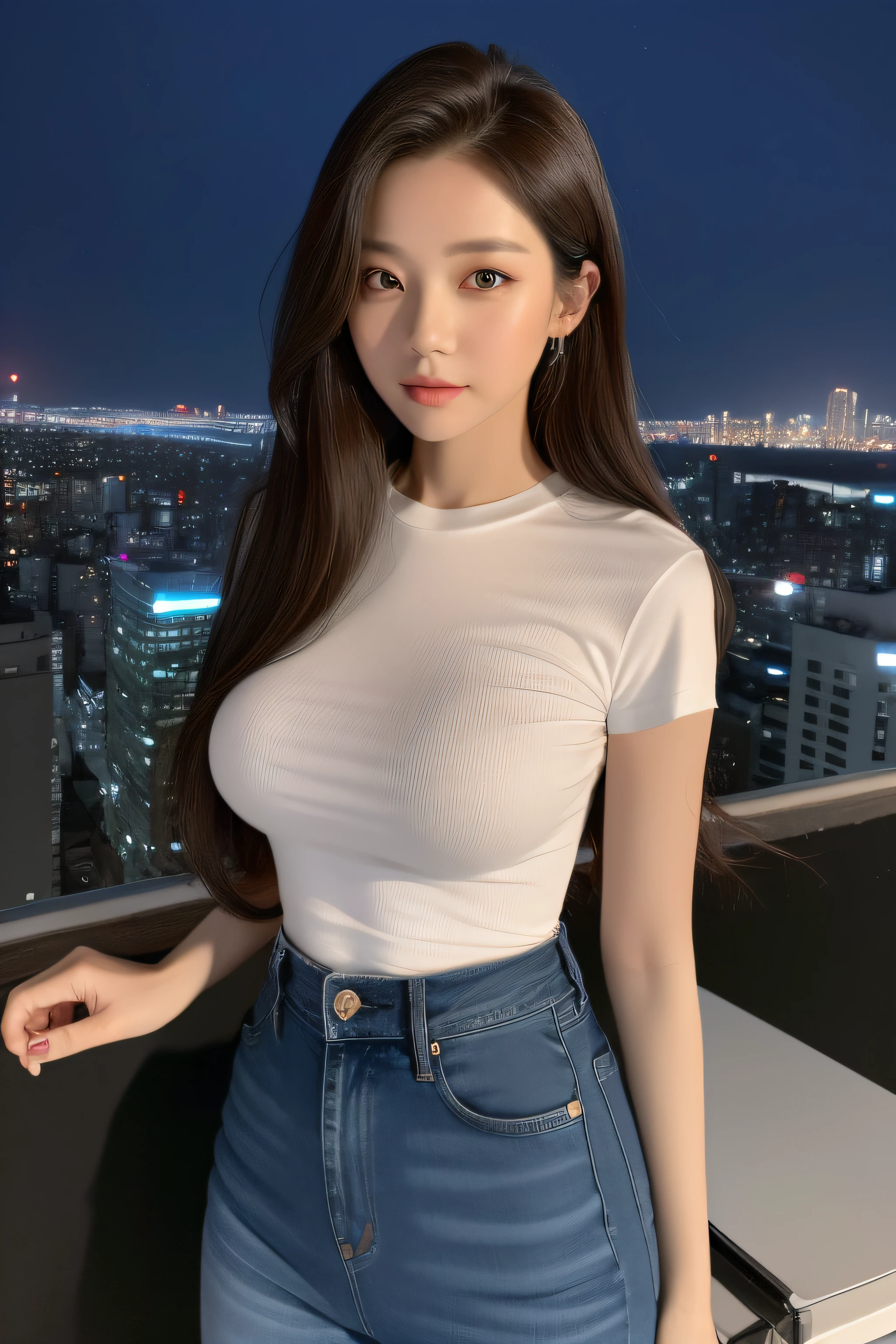 ((Midnight, Acura, 8K, Masterpiece: 1.3)), Full body, Long legs, Focal length: 1.2, Perfect Body Beauty: 1.4, Slim Abs: 1.1, ((Dark Brown Hair, Big Breasts: 1.2 )), (White Skinny T-shirt, Denim Biggies, Standing: 1.2), ((City Night View, Roof: 1.3)), Highly detailed face and skin texture, Detailed eyes, Double eyelids, Half
