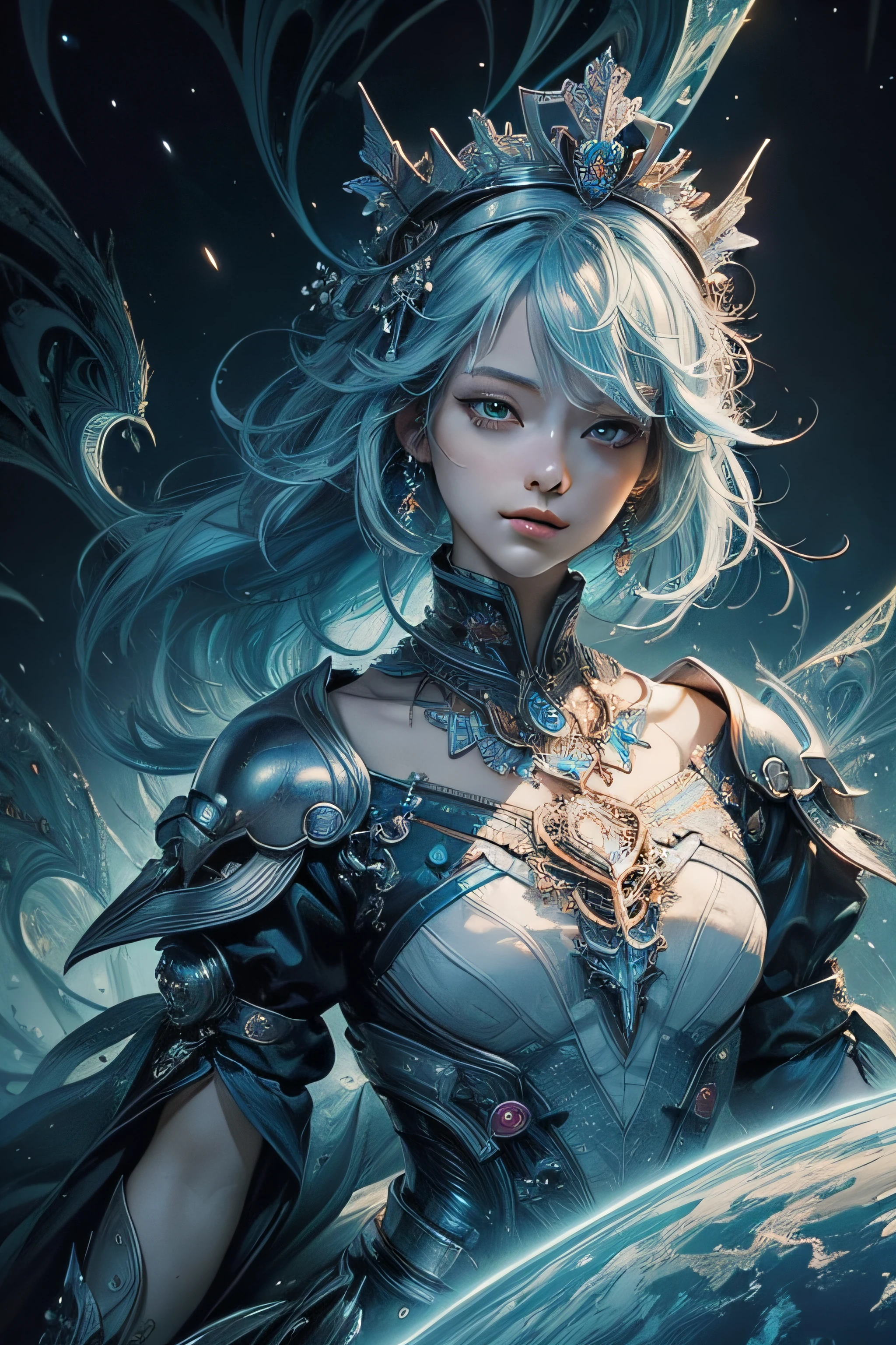 (masterpiece, top quality, best quality, official art, beautiful and aesthetic:1.2), (1girl), extreme detailed,colorful,highest detailed,cute, light blue hair, crown,(fractal art:1.3),