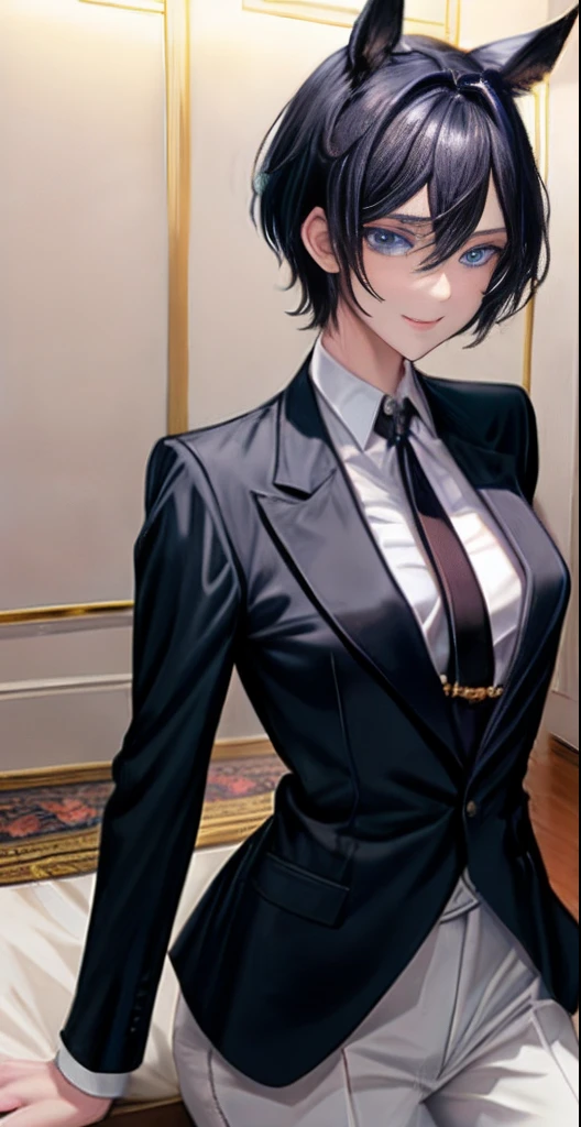 Black trousers with a golden chain、white shirt with boldly open chest,,,,,、I can see the cleavage、Black suit jacket、爆乳、Cartoon photos of women, Delicate androgynous girl、Beautiful androgynous girl,Short-cut black hair、Green Short Tie、Black horse ears、Black horse tail from the ass、Silver extension in the middle of the hair、Blue eyes、sexy pose、Inviting eyes、Thin smile