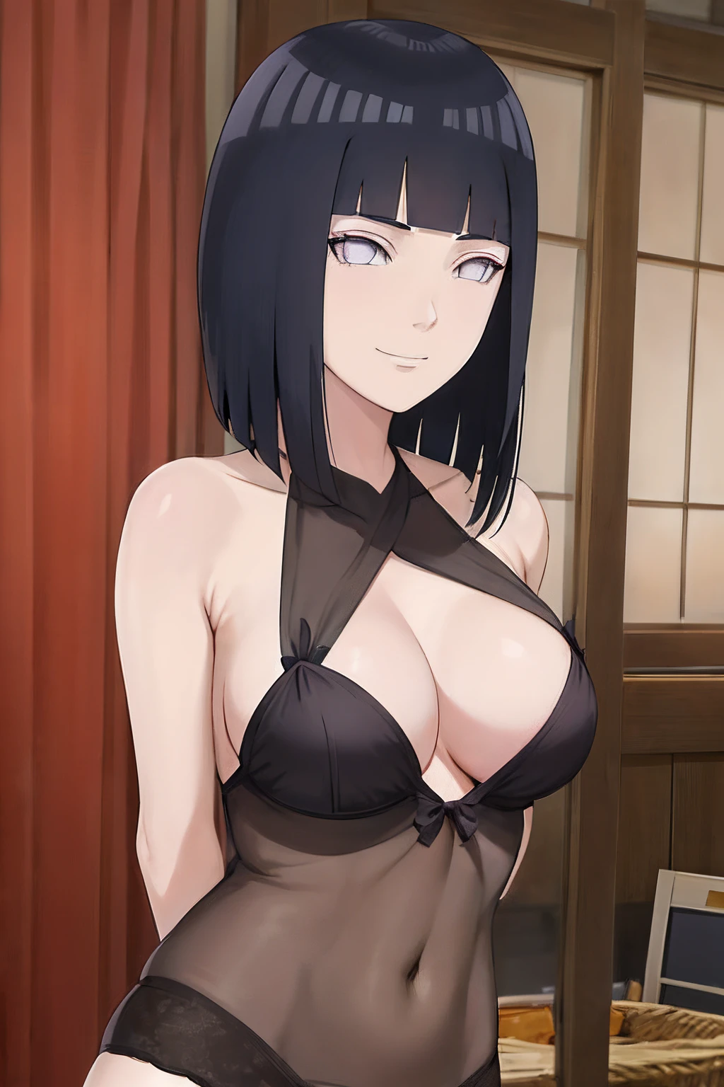 Hinata Hyuga,Spaltung,smil,Rot im Gesicht sein,drinnen im Zimmer,Nahaufnahme Nahaufnahme,mit einer guten Figur,Vorderansicht,stehend,arms behind back,mid large breasts,schwarzes sexy kleid,
