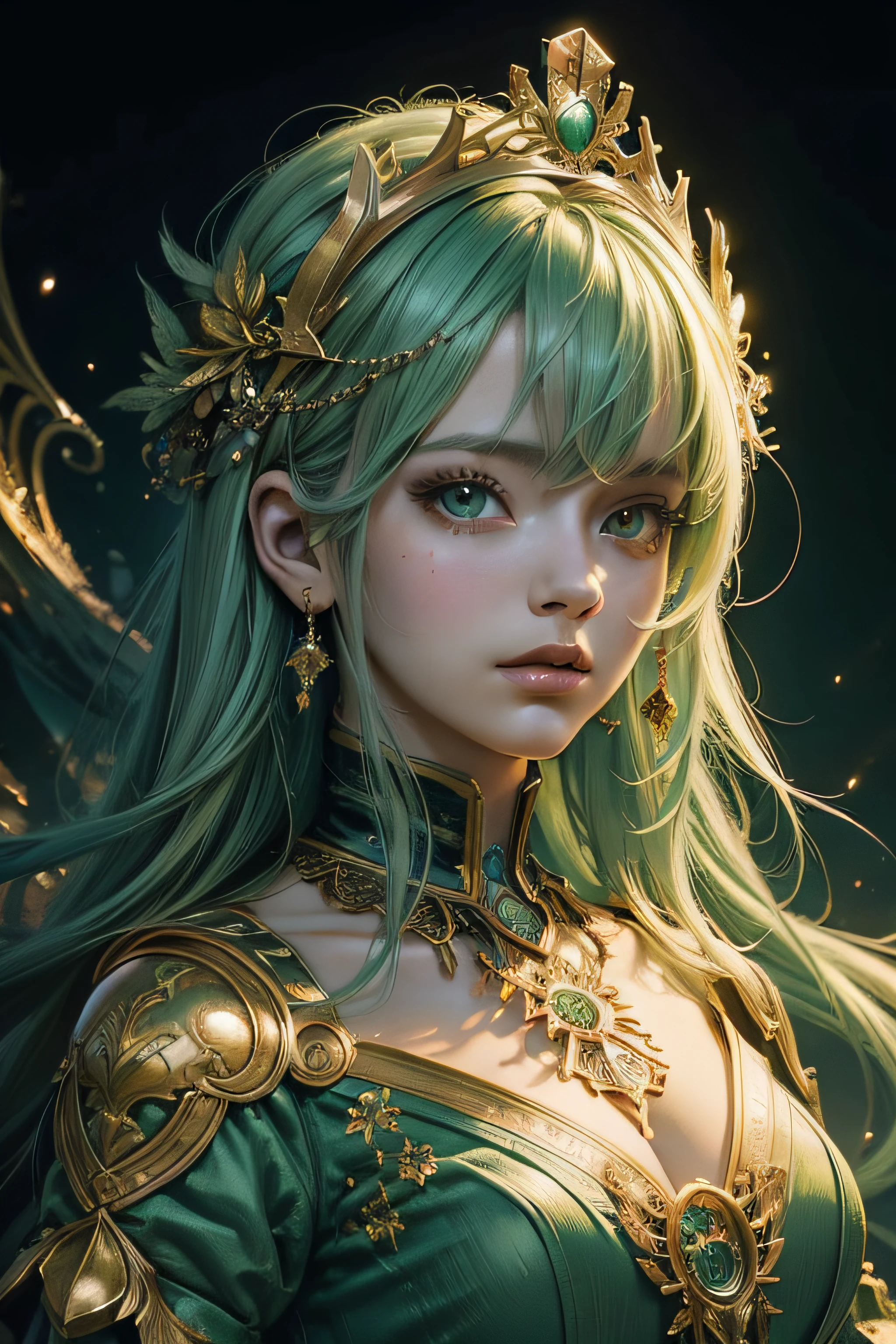 (masterpiece, top quality, best quality, official art, beautiful and aesthetic:1.2), (1girl), extreme detailed,colorful,highest detailed,cute, light green hair, crown,(fractal art:1.3),