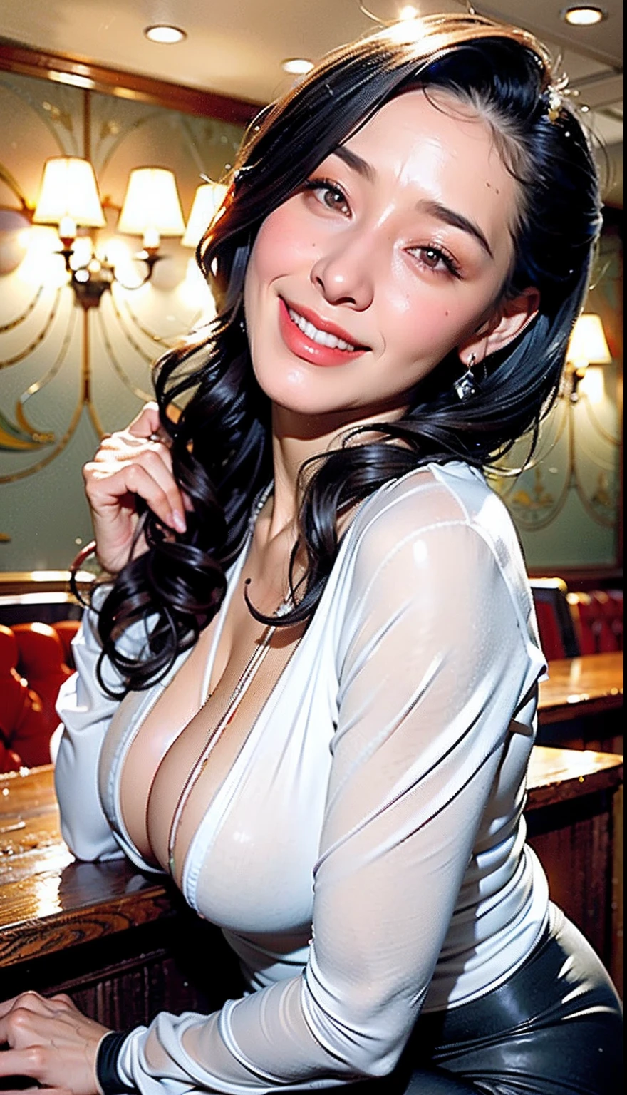 Delicate, masutepiece, Beautiful detailed, colourfull, Finely detailed, Detailed lips, Intricate details, Large breasts, 1 woman,(a beautiful 20-year-old cute Korean woman:1.1),(Kpop Idol, Korean mixed),(50mm Sigma f/1.4 ZEISS lens, F1.4, 1/800s, ISO 100, photography of:1.1), (Big curls+Black hair:1.2),(Photorealistic:1.4), (Spy :1.2), (Open jacket,Shirt, Skirt, tiese, Black pantyhose, Christian Louboutin \(Branding\), :1.3),earrings,Necklace,armlet,(pub, a bar counter:1.2), (Beautiful legs, Tall lady, Plump body,slim_Legs, upper limbs_the gap, Model:1.2), Lens Flare, from the front side, (Happy smile:1.1), Dynamic Pose, (makeup:1.2), sitting on bar stool,skinny waist and thick hips,thick thight,pantiess,close up,(Wet_Clothing,:1.4)cum in mouth,close up,(how-to_drip,)(_Juice,)perspired,((hight resolution, ))Sitting,Tentacle Sex,cum in,detail hands,(nice hand),(see -through:1.2),wrinkles between eyebrows,Sweaty face,Wet hair,(Screaming), (Very wide open mouth), Perfect face, (Ultra-detailed eyes, Nose mouth), (( A large amount of white translucent sticky liquid is scattered, the skin is wet)),