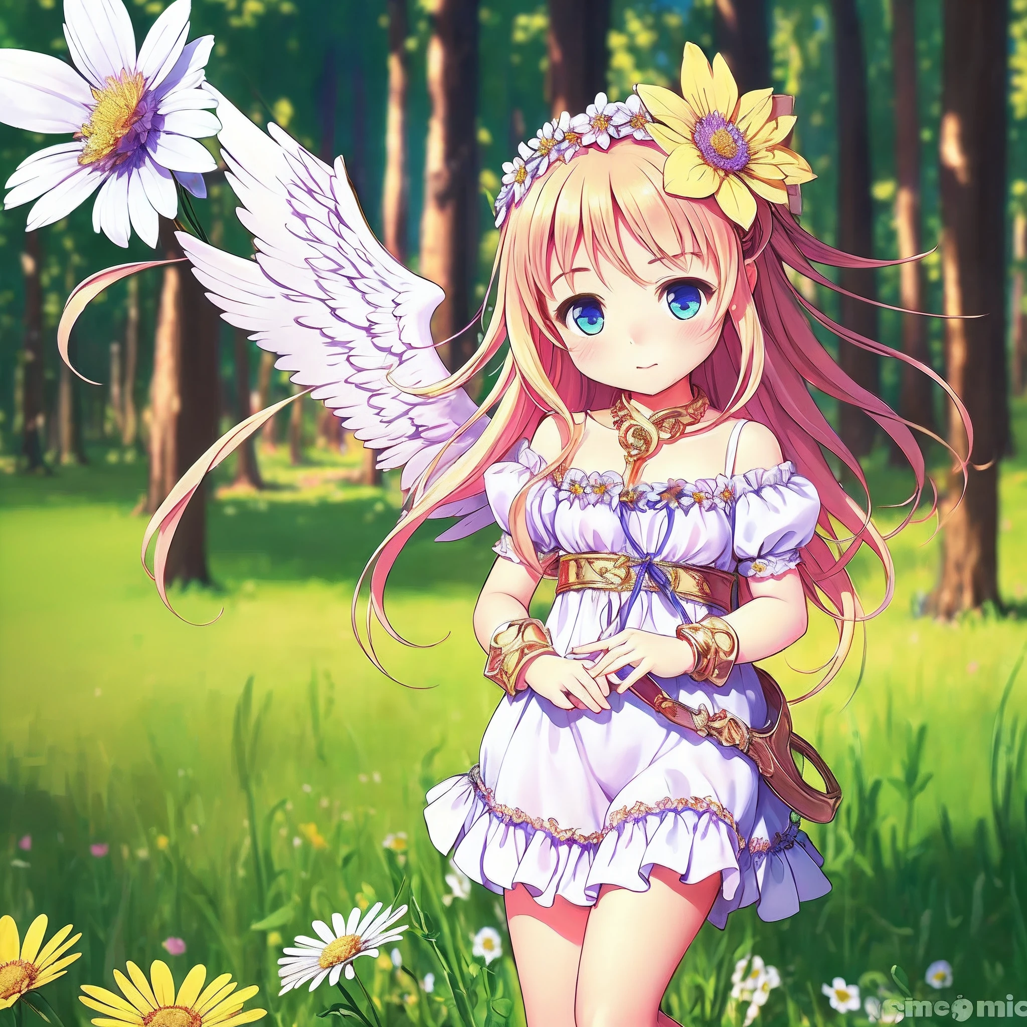 (obra maestra) (La mejor calidad) Obra maestra, La mejor calidad. A realistic and very feminine and beautiful female version of Cupid the god of love. In a meadow of wild flowers on a very bright and spectacular day. Musa, Delicada belleza, poetry, divinidad luminosa, cinematic quality.