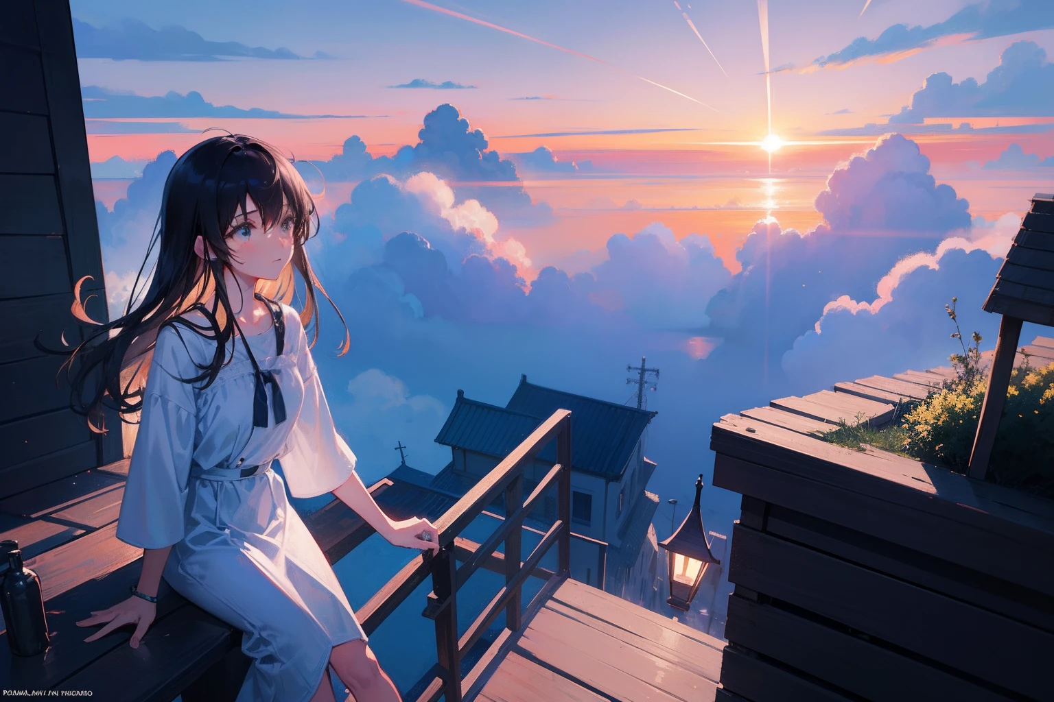 Create exquisite illustrations reminiscent of Makoto Shinkai's style, Features ultra-fine details and top-notch quality. Your job is、Face that is、It's about skillfully capturing the mesmerizing essence of a nostalgic scene where the horizon seamlessly merges with vast clouds at dusk. Infuse your artwork with a warm and enchanting vibe, Paint the sky with a golden glow shade that illuminates the entire scene. Your goal is、Face that is、It is to evoke the feeling that the world is enveloped in eternal radiance.., Crossing time boundaries. Take your audience to a realm where reality and fantasy are in harmony, As if gazing at a landscape born from a dream、Stir up the deepest emotions. This artwork is、It should bring the serene beauty to life, Painting the night in the endless sea of clouds.
