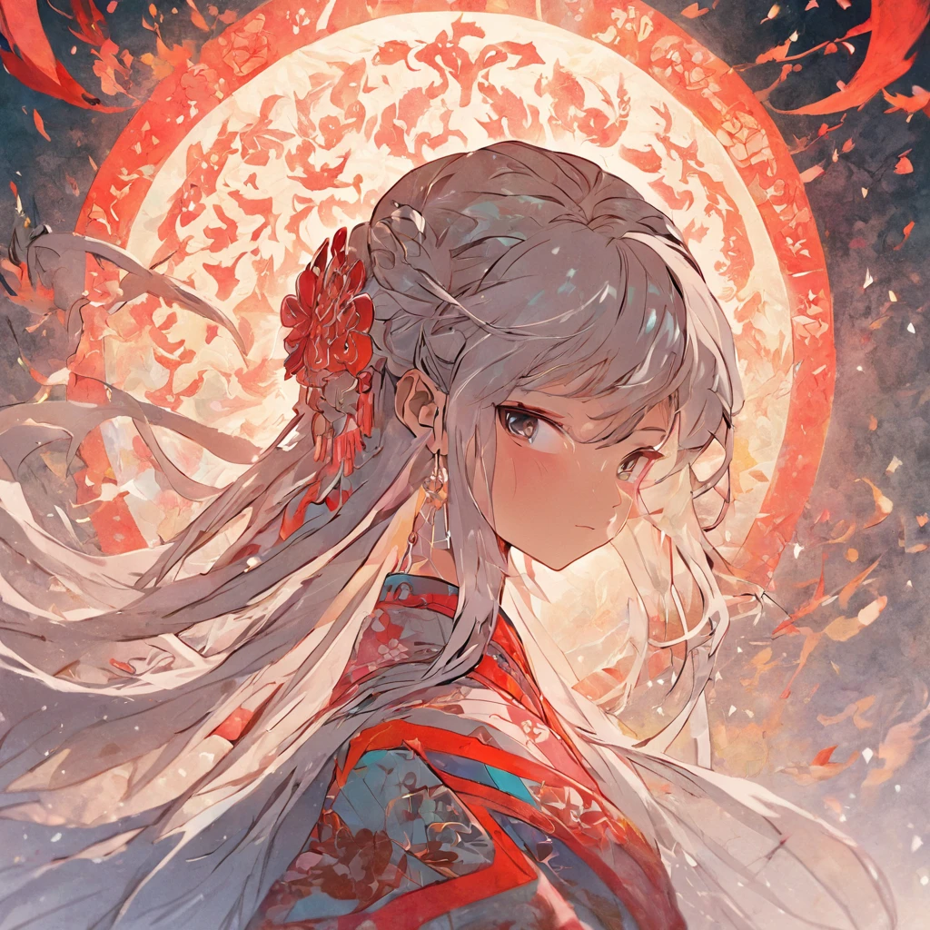 (White background:1.4),(Silhouette of a girl's head, Eyes closed, colorfull long hair, Oriental elements)，(Chinese illustration:1.3，paper art:1.3, Quilted paper art:1.2),( reasonable design, Clear lines, High sharpness,Best quality, Very detailed, Masterpiece, movie light effect, 4K )