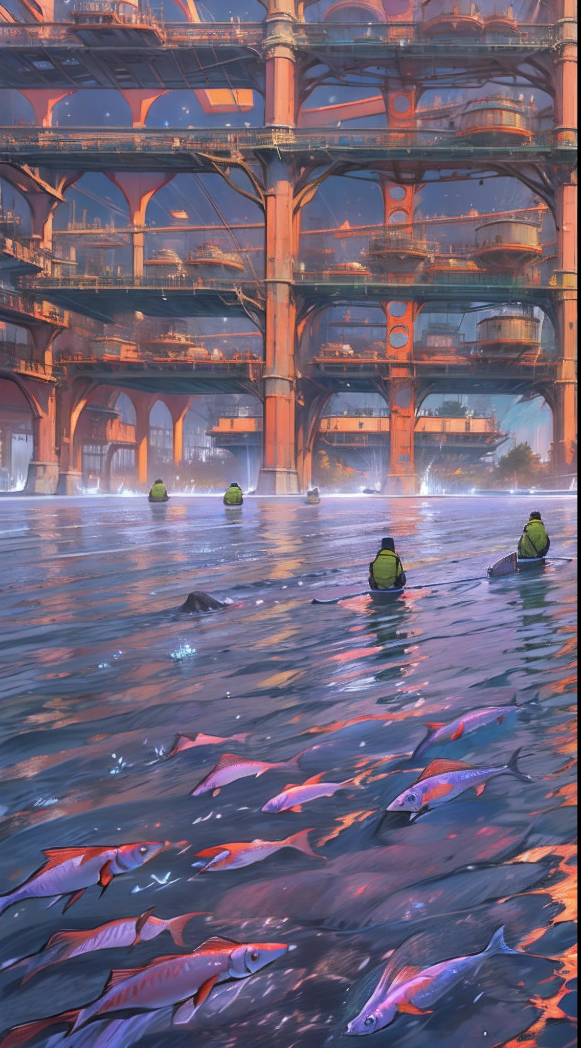 A vast ocean with strange purple-colored water, a huge factory on the distant coastline emitting a massive amount of nuclear waste into the sea, people working hard to develop techniques for artificial breeding of seafood, fish and shellfish swimming in aquaculture ponds, expensive seafood only affordable for the wealthy, ,in the style of the stars art group xing xing, 32k, best quality, masterpiece, super detail, high details