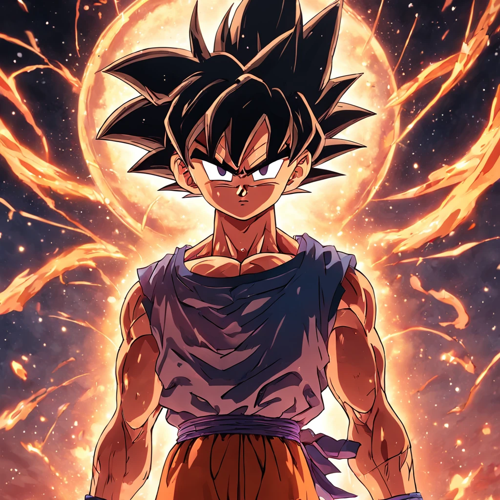 dragon ball, son goku, estilo anime, circulo neon, no fundo galaxia