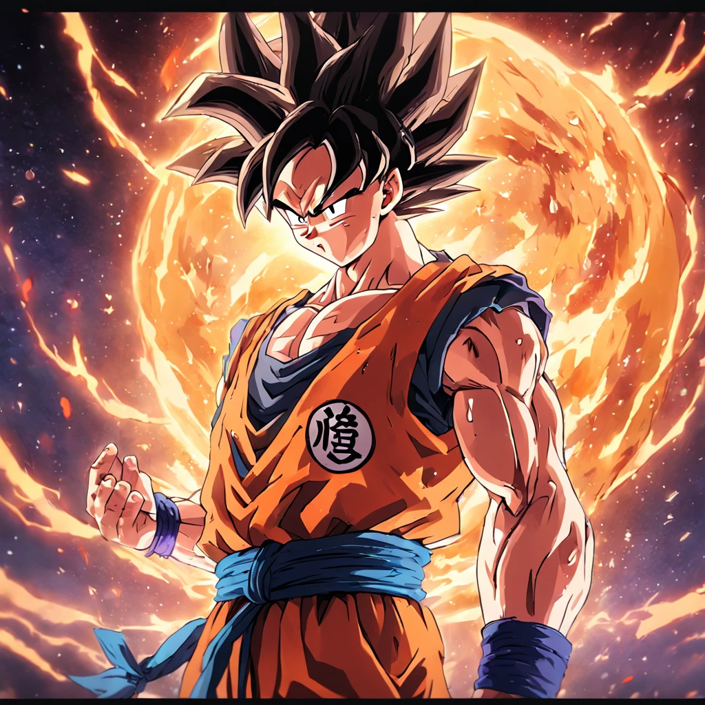 Create dynamic animation showing musclebound cartoon character Goku, in various epic and powerful poses, moving through different interstellar backgrounds in the Dragon Ball Z universe, as waves of golden ki energy radiate, and several other mythical adversaries are defeated.