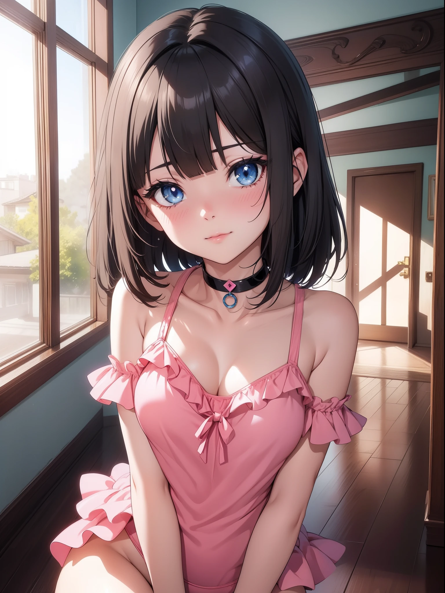 Official art、Top quality ultra-detailed CG art、a beauty girl:1.2)Kurokami、Glossy hair、smooth hair、large blue eyes,Mid summer、kawaii、a room、Cute、bob cuts、short in stature、Pink choker、Pink swimsuit、ssmile、