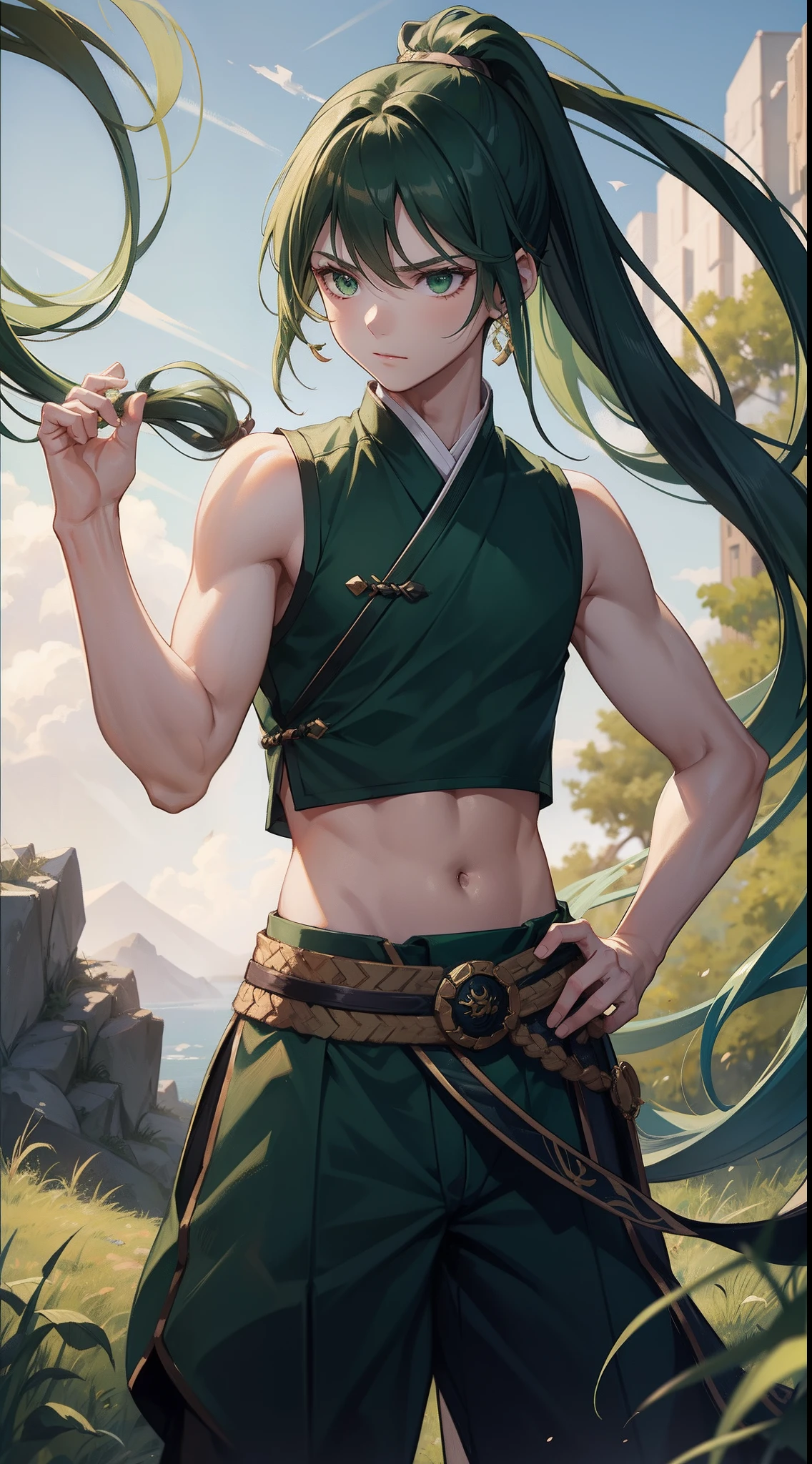 young boy, long dark green hair, high ponytail, Green eyes, Battle with Hanfu, Sleeveless, open belly, pants, Masterpiece, hiquality