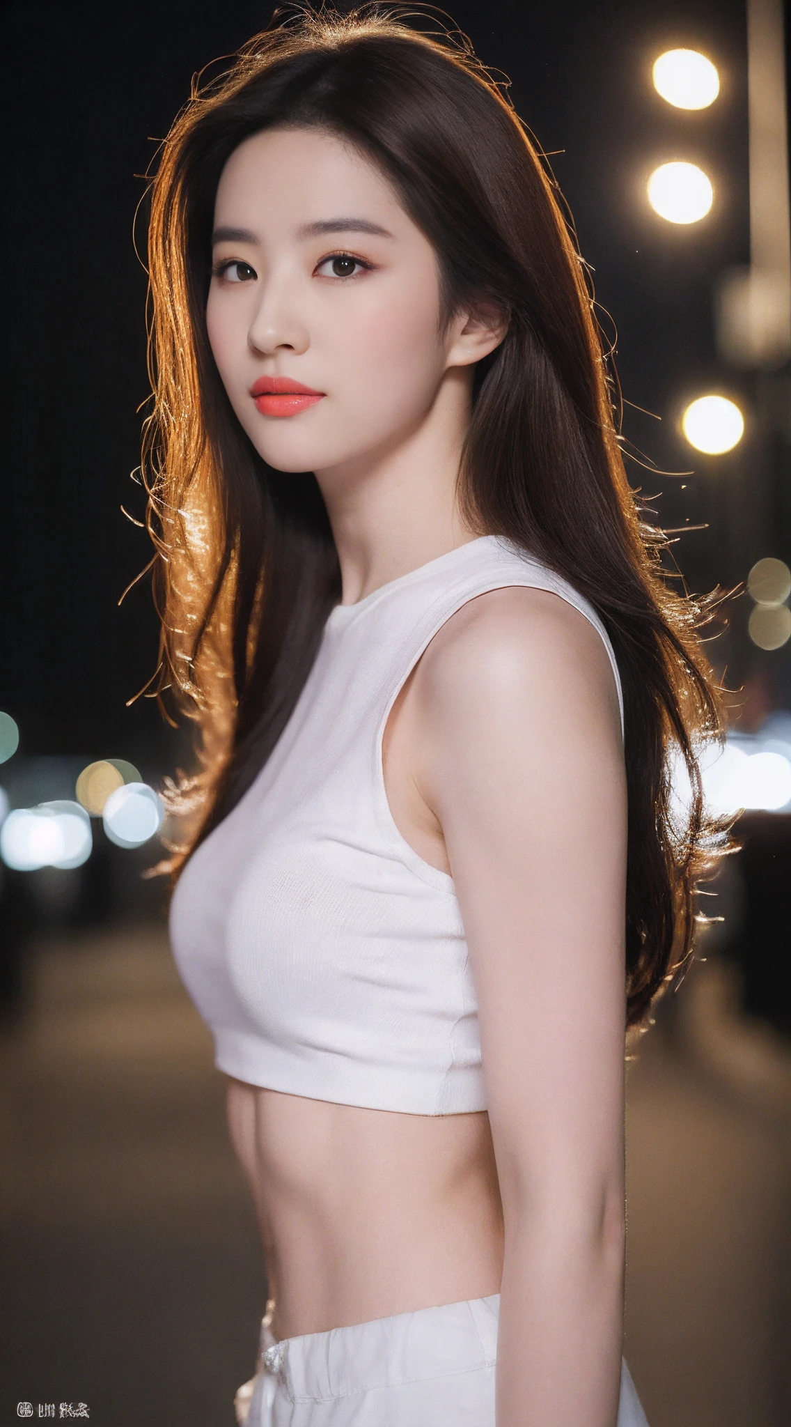 ((Realistic lighting, Best quality, 8K, Masterpiece: 1.3)), Clear focus: 1.2, 1girl, Perfect beauty: 1.4, Big breasts: 1.2, Slim abs: 1.1, ((dark brown hair)), (White crop top: 1.4), (Outdoor, night: 1.1), City streets, Super fine face, fine eyes, Double eyelids,