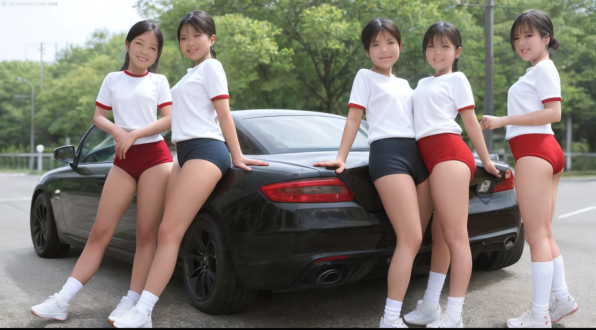 best quality, masterpiece, police car, car accident, road, black hair, brown haired gals, pretty women 20 years old, white gym clothes, dark blue bloomers, green bloomers, ass through bloomers, smile, white skin, flirting, hugging, laughing, shy, lesbian, standing,