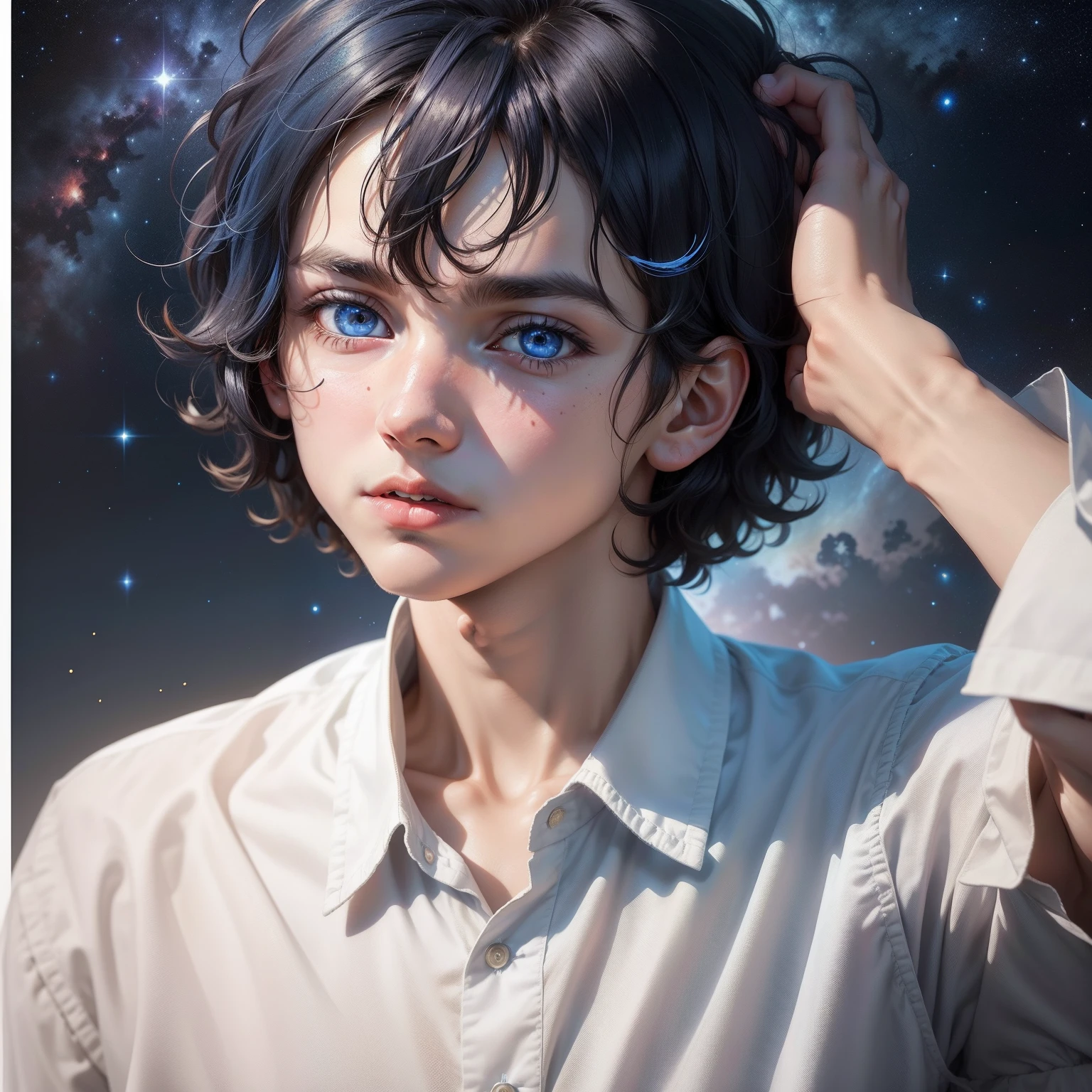One Boy,masterpiece,Top image quality,Beautiful Boys,hair messy,A dark-haired(Bob Hair),hair_bloo,Eyes are sapphire blue,White shirt with collar,Looking Up,Moles around the eyes,(starryskybackground),fleeting,Hands down,