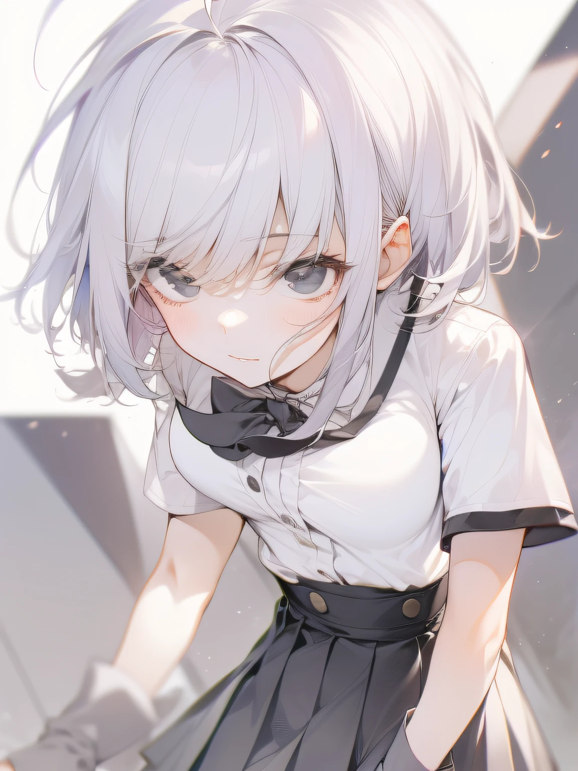 ((Masterpiece, Best quality)), (1girll), (Solo), (female focus), (ahoge, White hair, Short hair), Black eyes, ((White shirt), (Buttoned shirt)), ((Black skirt), (Short skirt)), standing, White background,