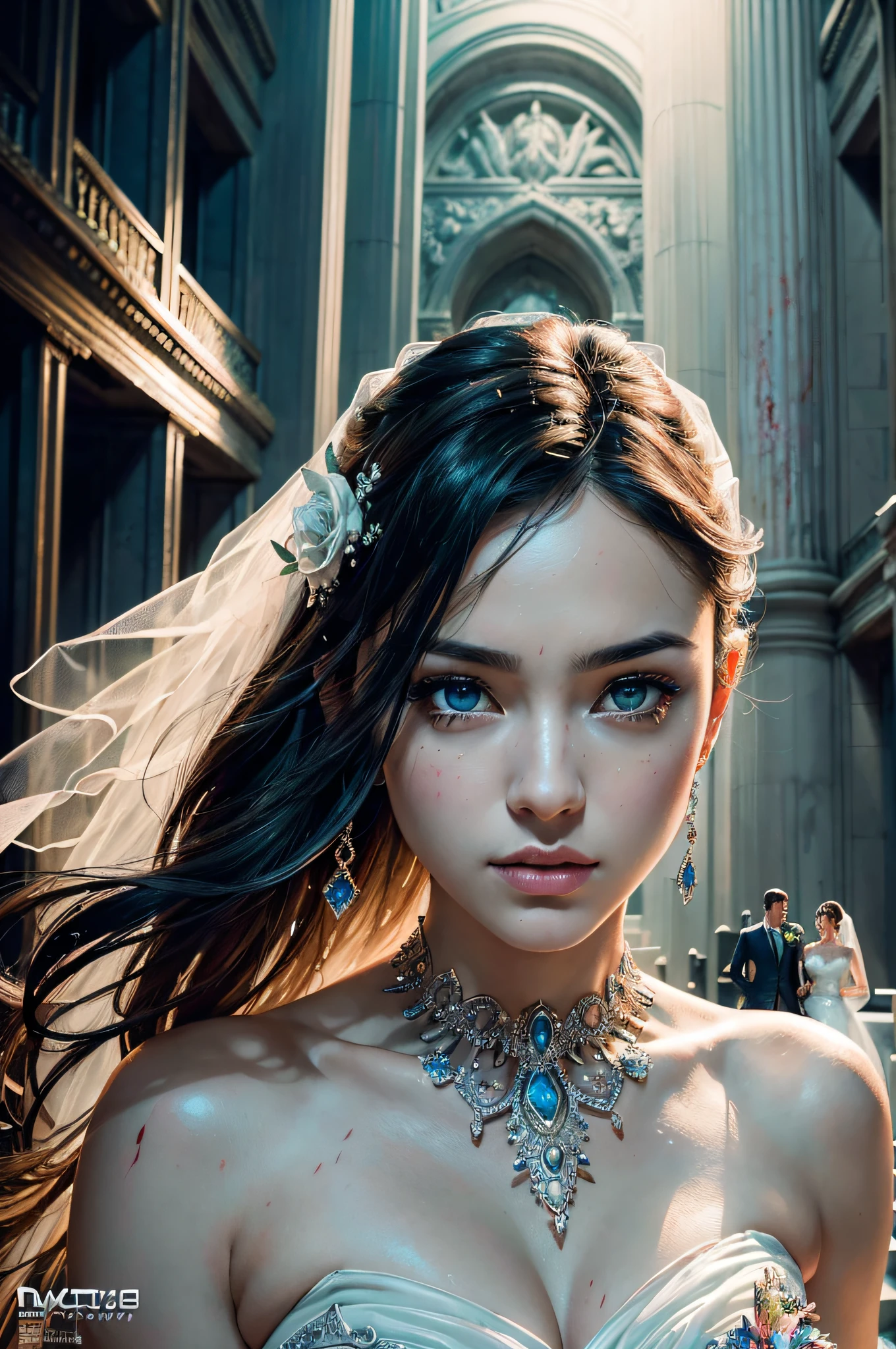 wedding day, best quality, masterpiece, (realistic:1.2), detailed face, beautiful eyes, (masterpiece, top quality, best quality, official art, beautiful and aesthetic:1.2), (1girl:1.4), extreme detailed, (DC comic cover art:1.1), (Action painting:1.2), (concretism:1.2), theater dance scene, (hypermaximalistic:1.5), colorful, highest detailed,