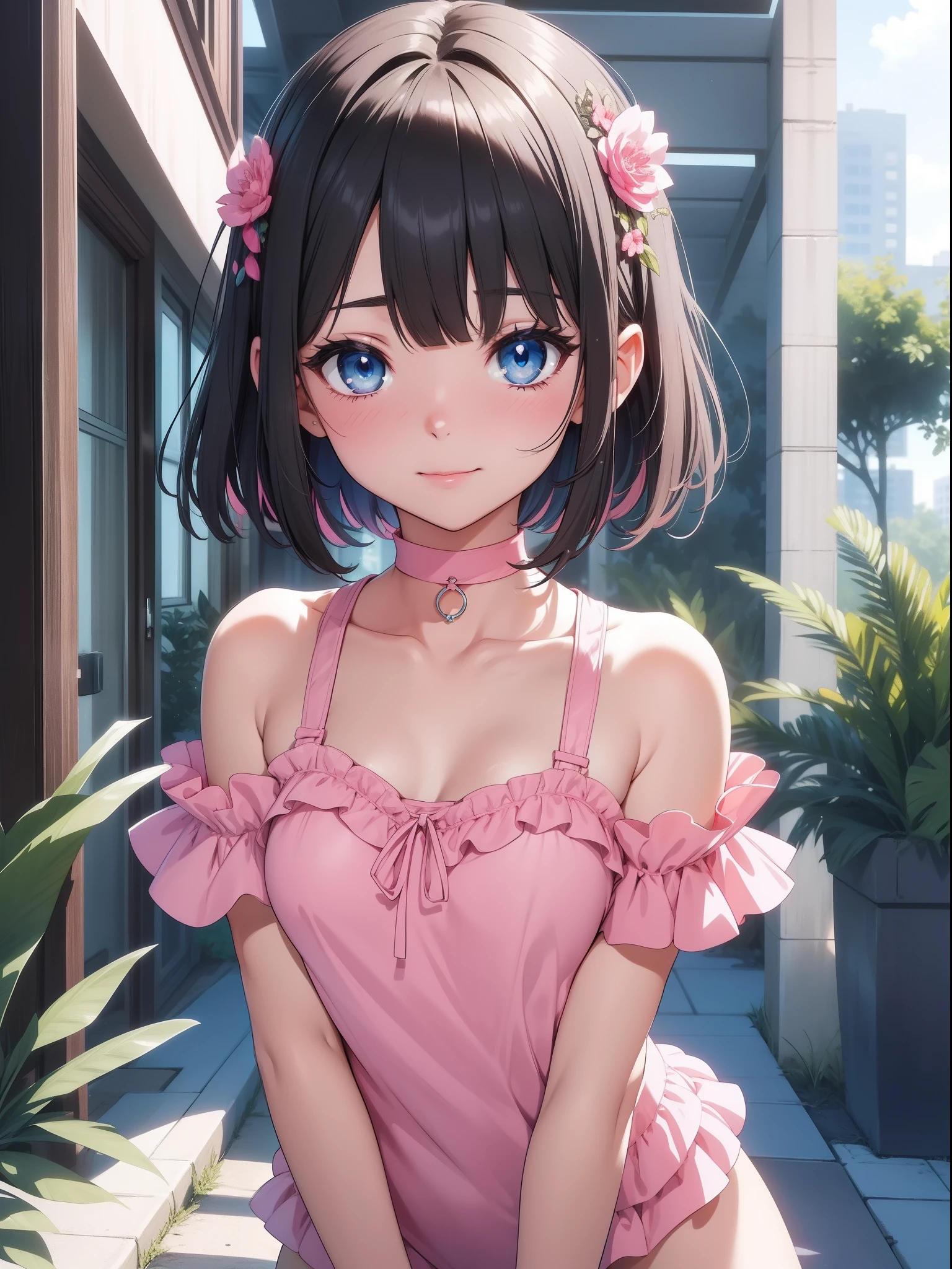 Official art、Top quality ultra-detailed CG art、a beauty girl：１.２）Kurokami、Glossy hair、smooth hair、large blue eyes,Mid summer、kawaii、hotel、Cute、bob cuts、short in stature、Pink choker、Pink swimsuit、ssmile、